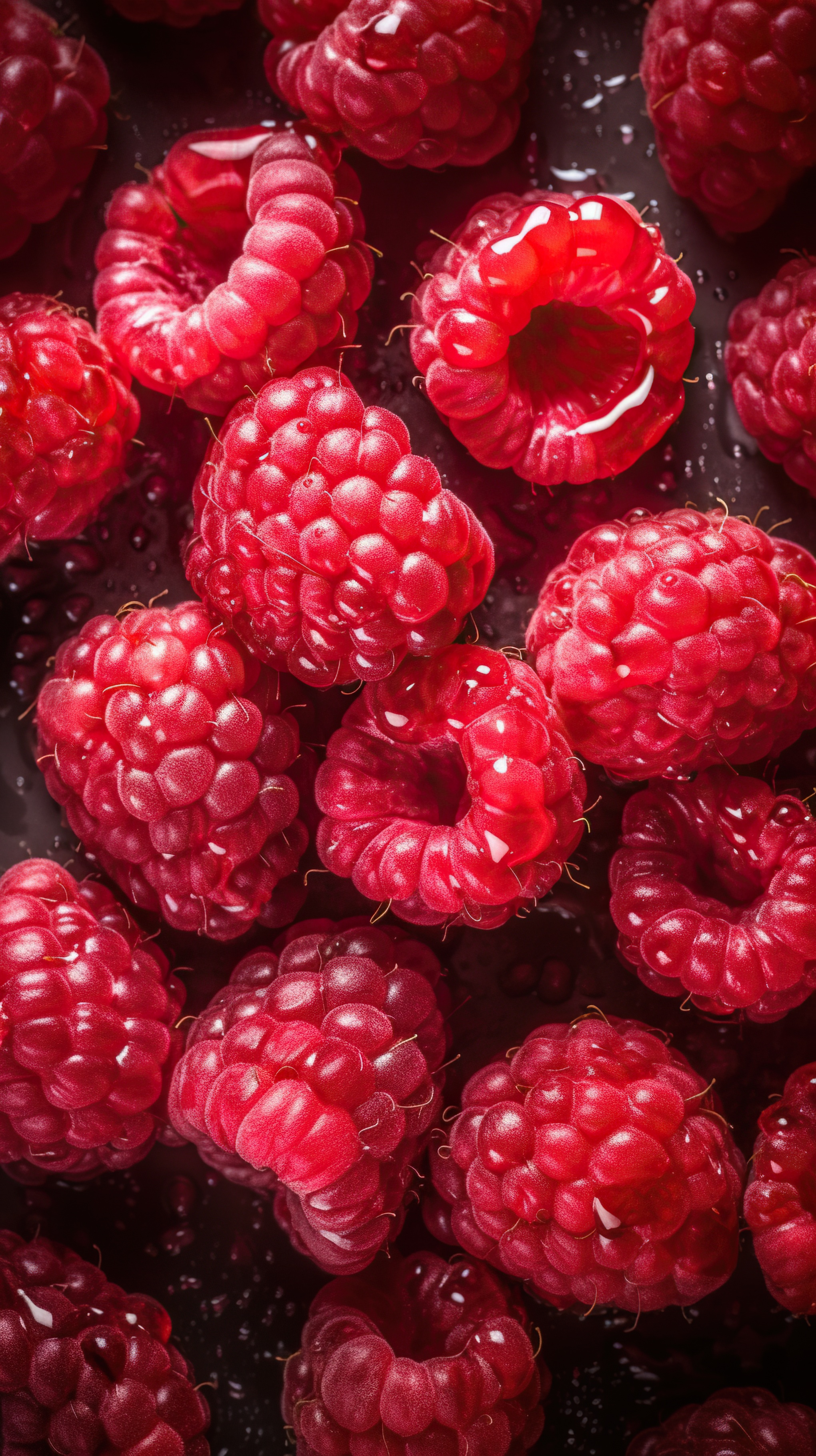 Fresh Raspberries with Water Droplets on Dark Background