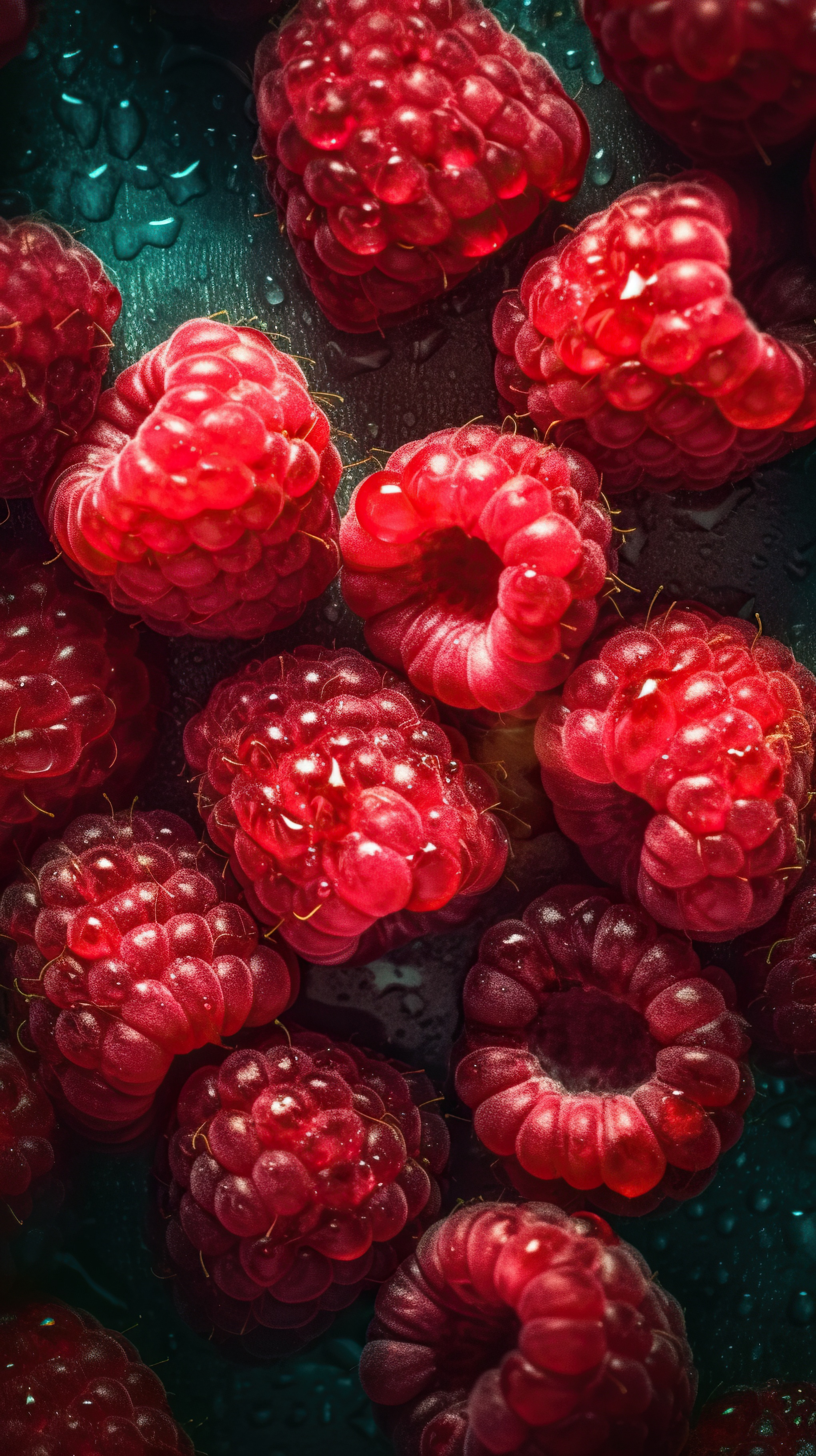 Fresh Raspberries with Water Droplets on Dark Background