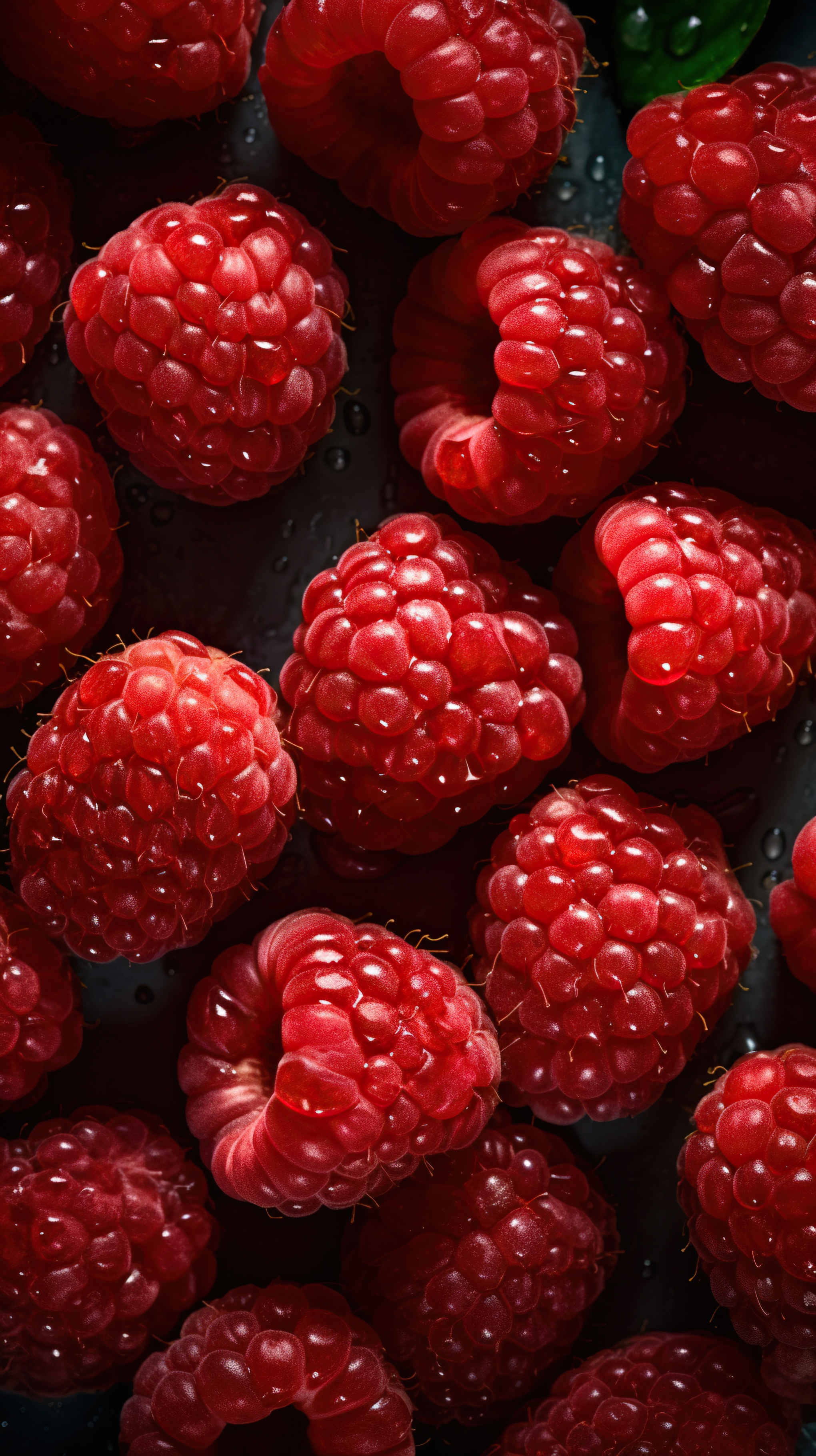 Fresh Raspberries with Water Droplets on Dark Background