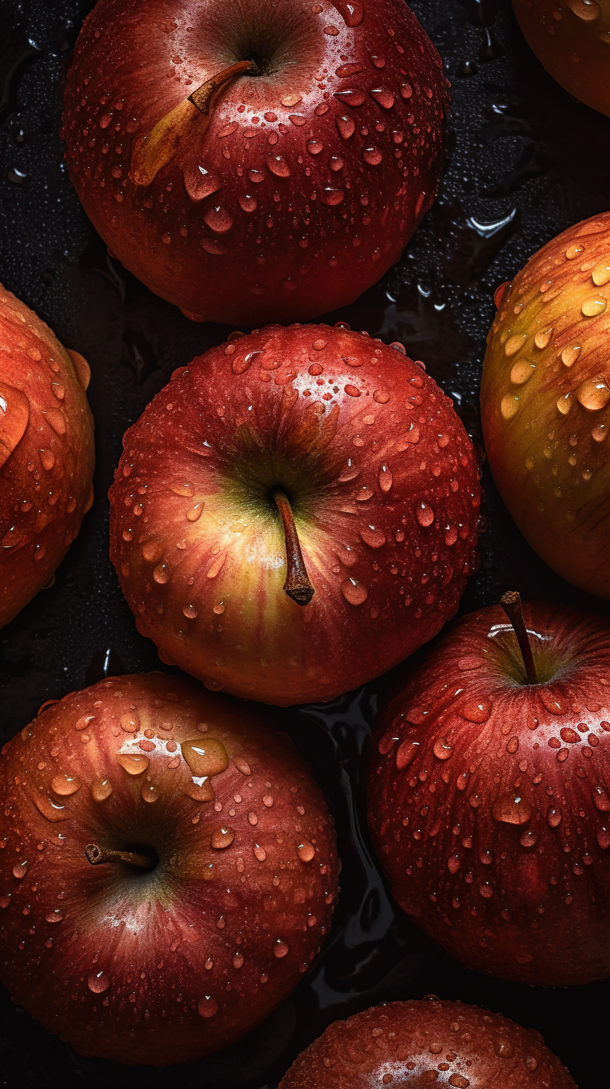 Fresh Red Apples with Water Droplets on Black Background