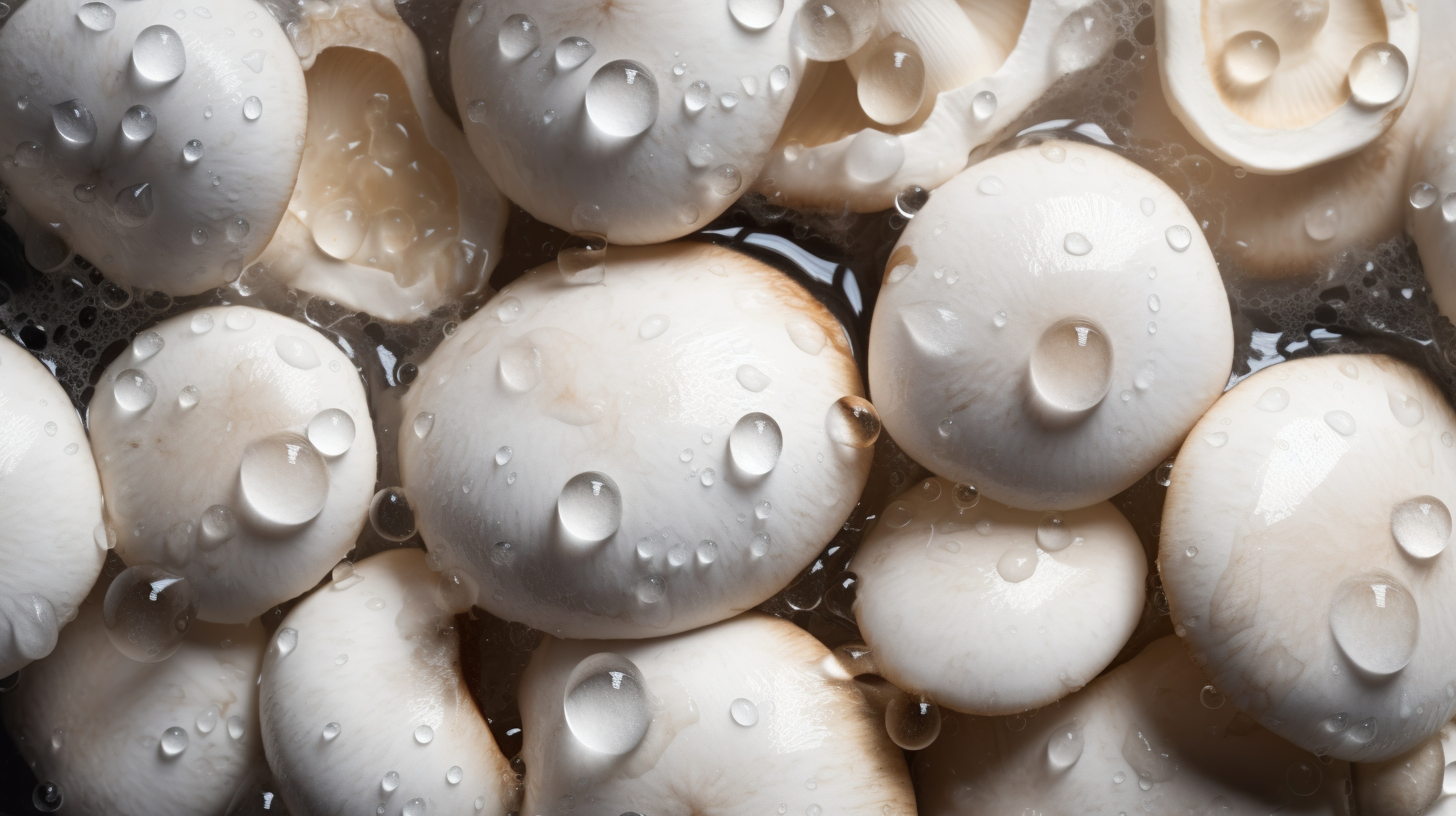 Fresh white mushrooms with water droplets on dark background