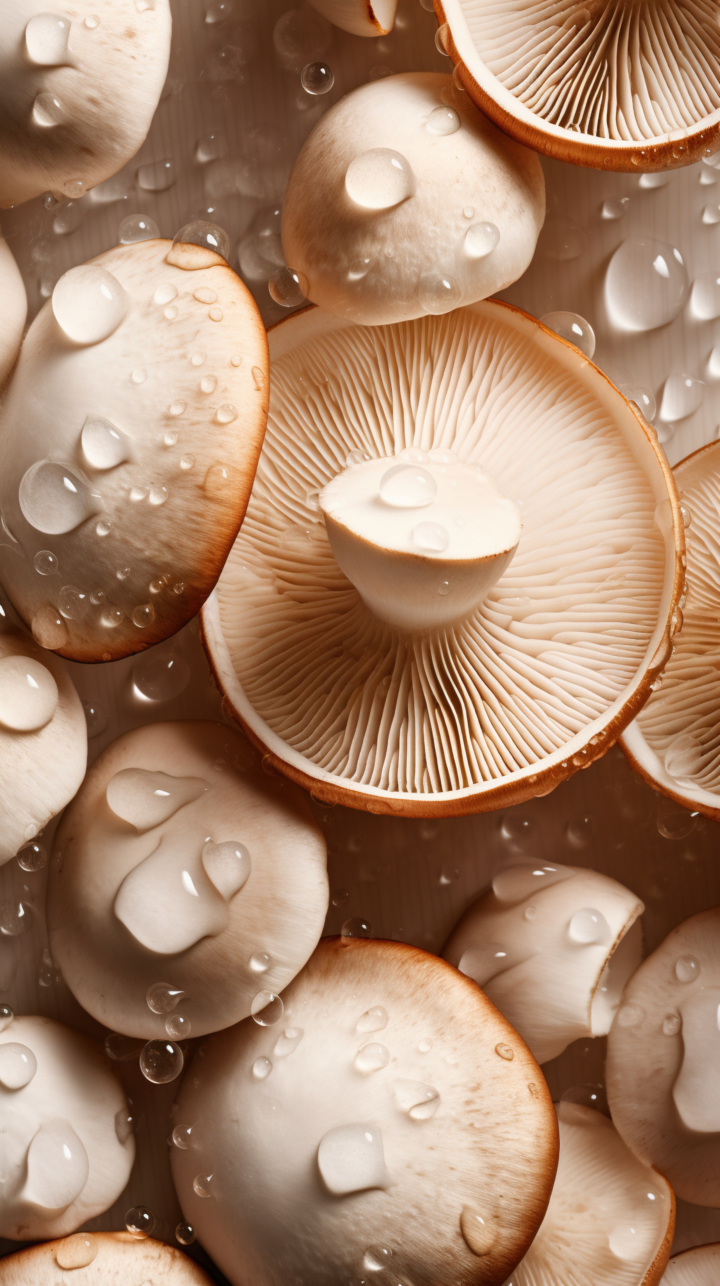 Fresh white mushrooms with water droplets on dark background