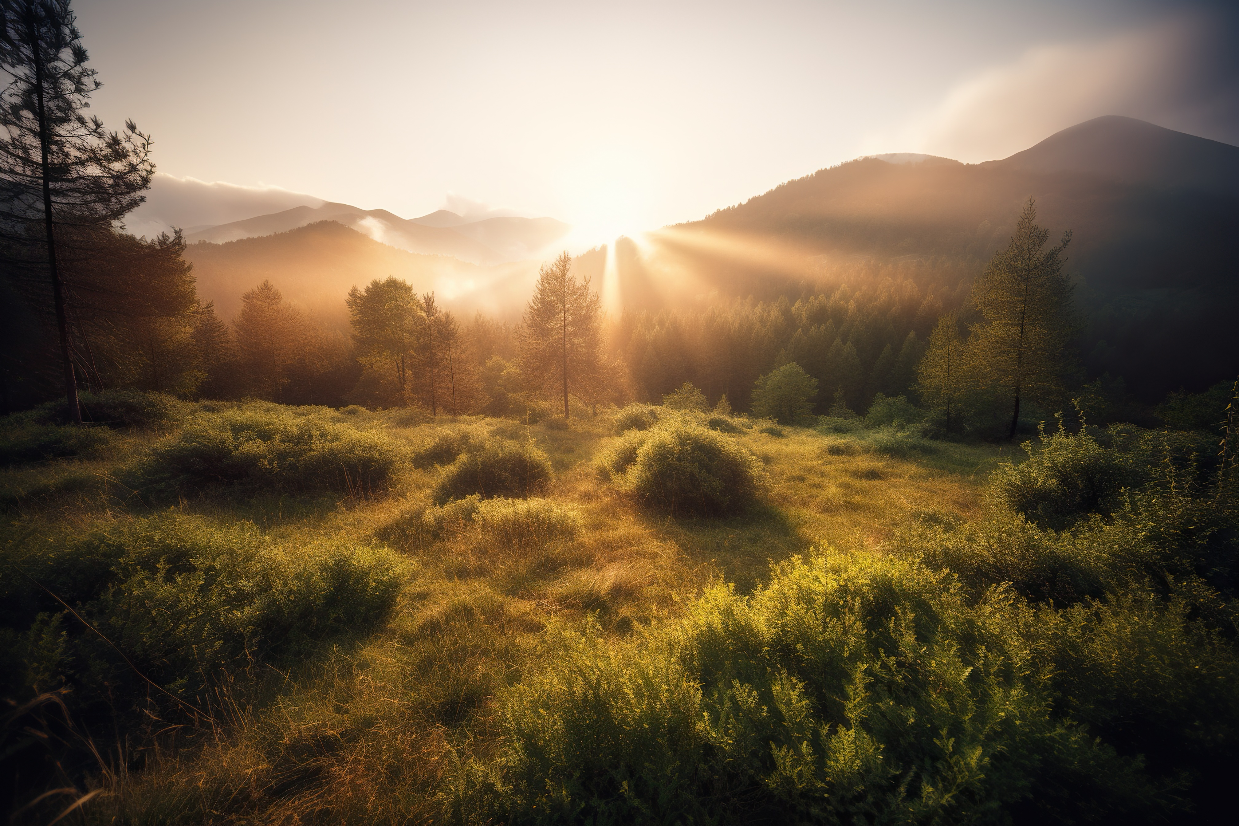 Gorgeous sunrise over a lush forest in the mountains