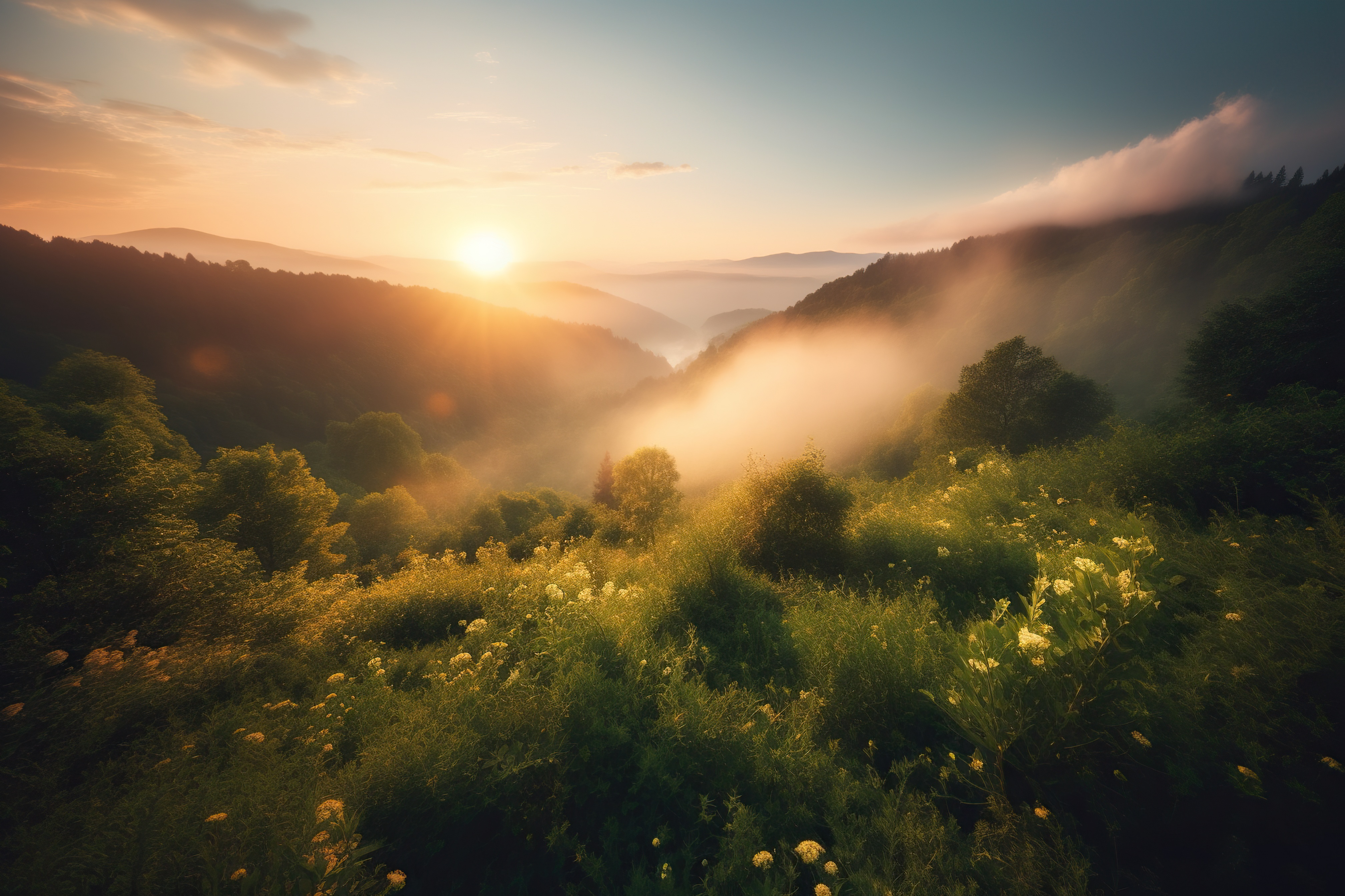 Gorgeous sunrise over a lush forest in the mountains