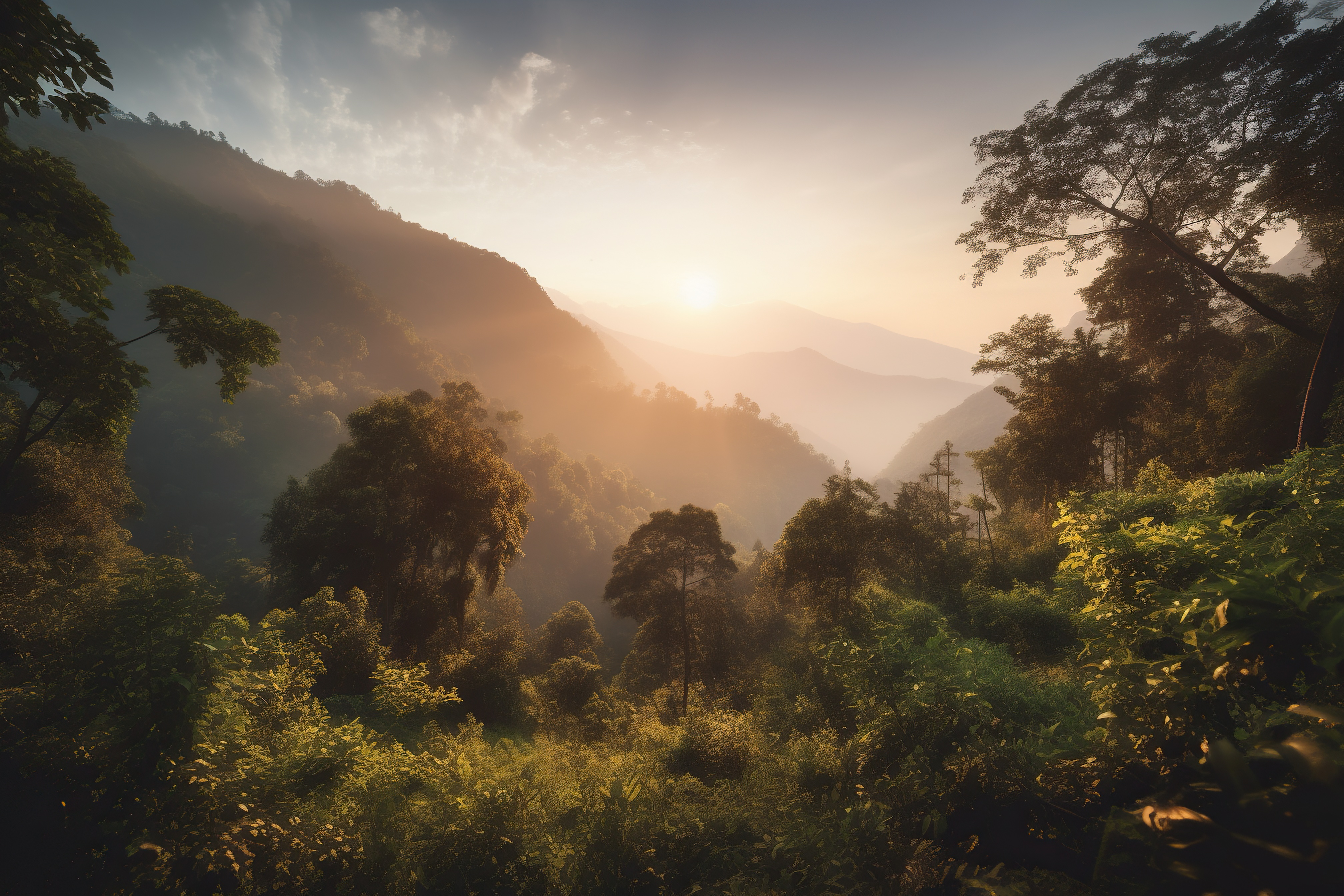 Gorgeous sunrise over a lush forest in the mountains