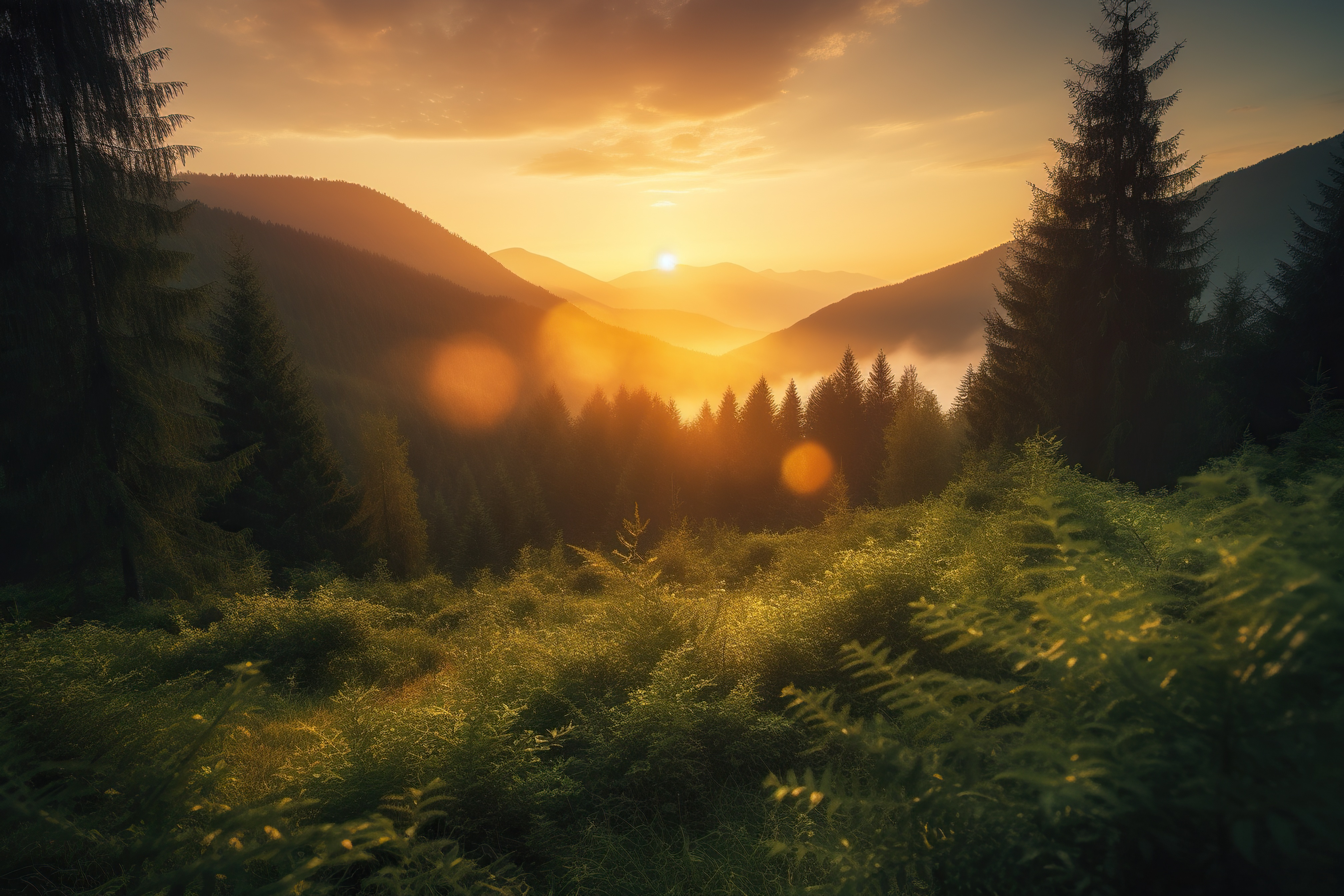 Gorgeous sunrise over a lush forest in the mountains