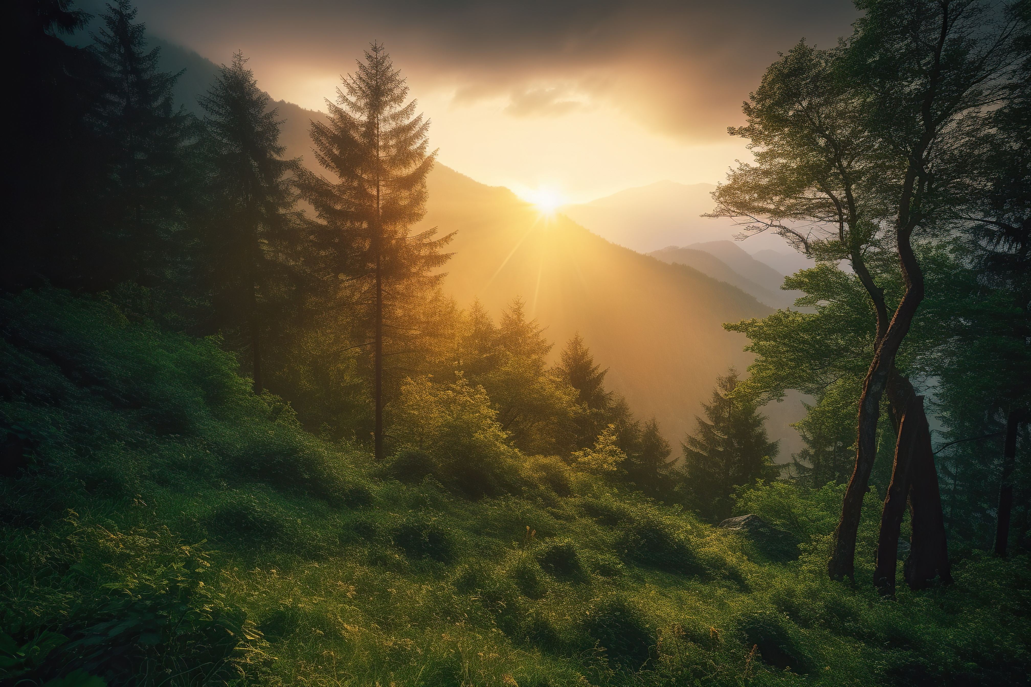 Gorgeous sunrise over a lush forest in the mountains