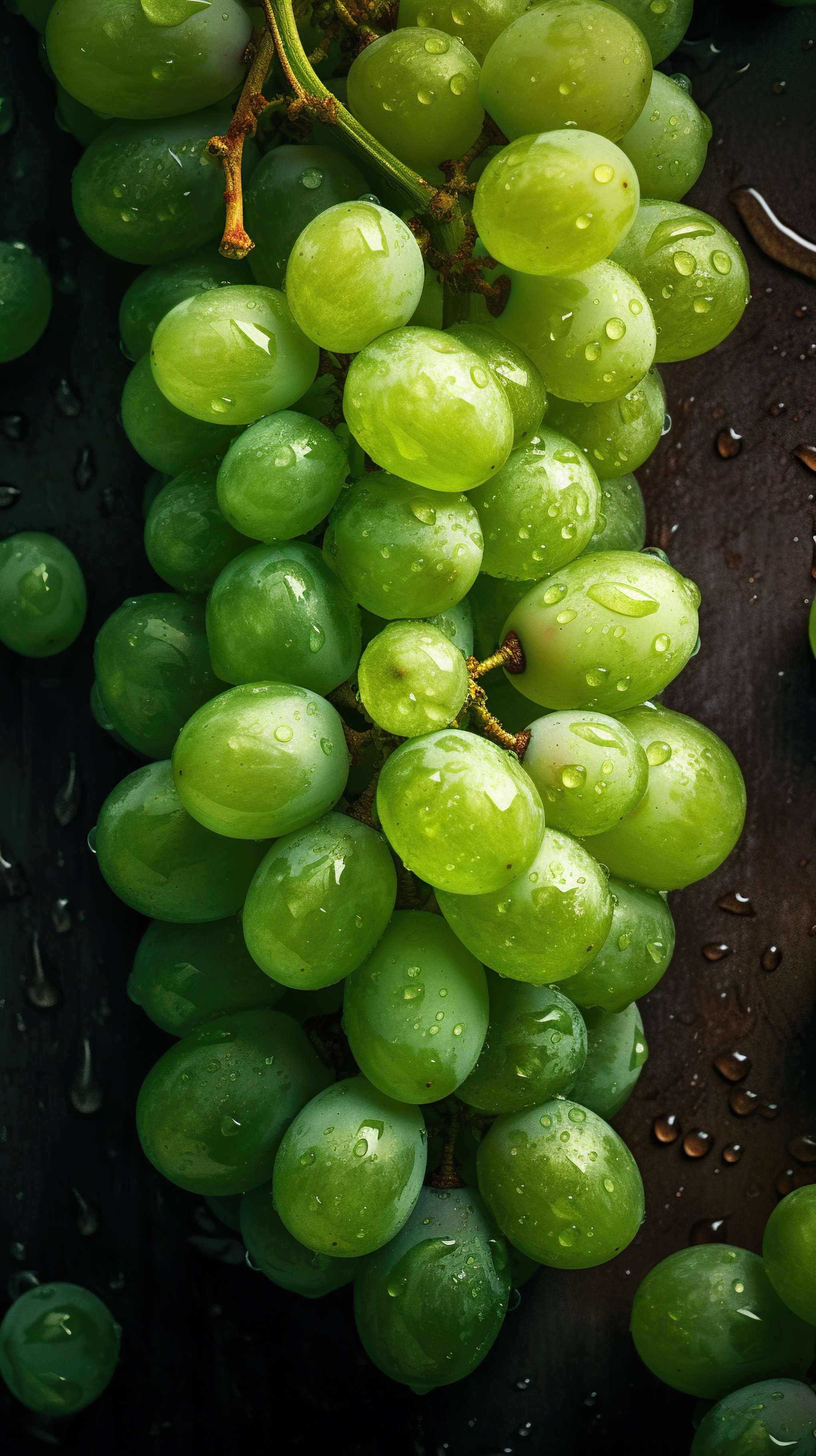 Green Grapes with Water Droplets on Dark Background, AI Generative