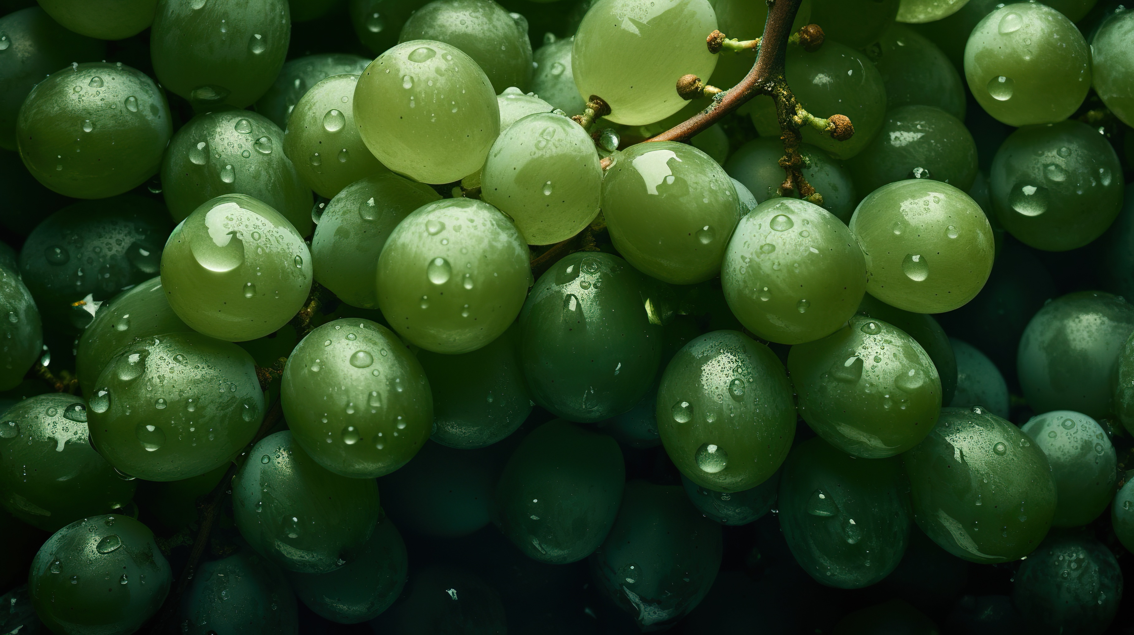 Green Grapes with Water Droplets on Dark Background, AI Generative