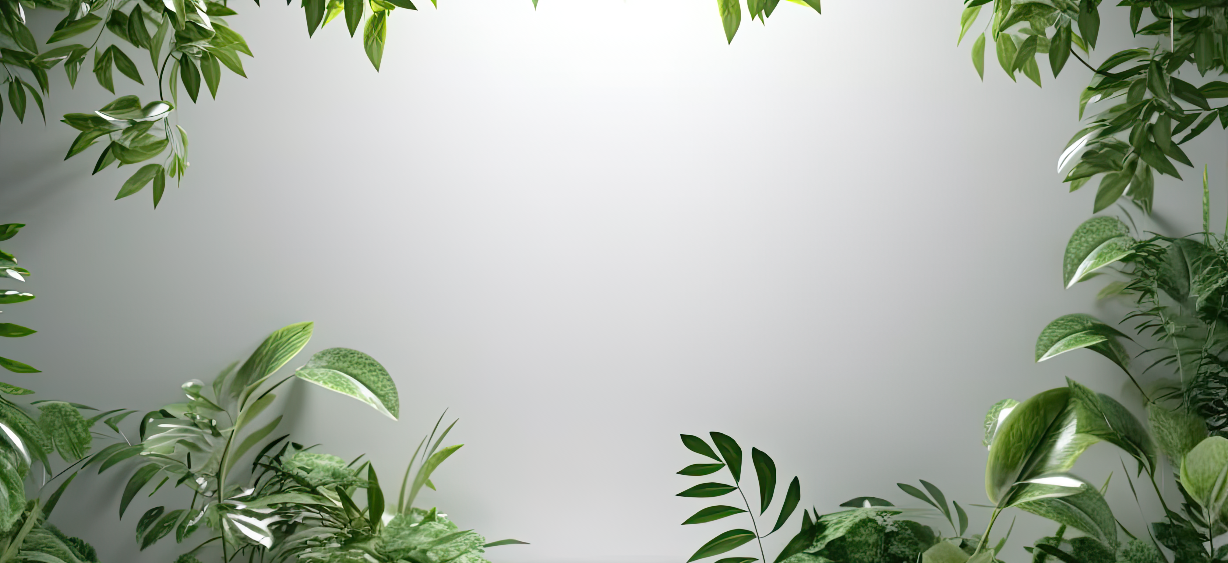Green leaves on light grey background. Pedestal and fresh natural branches for advertising