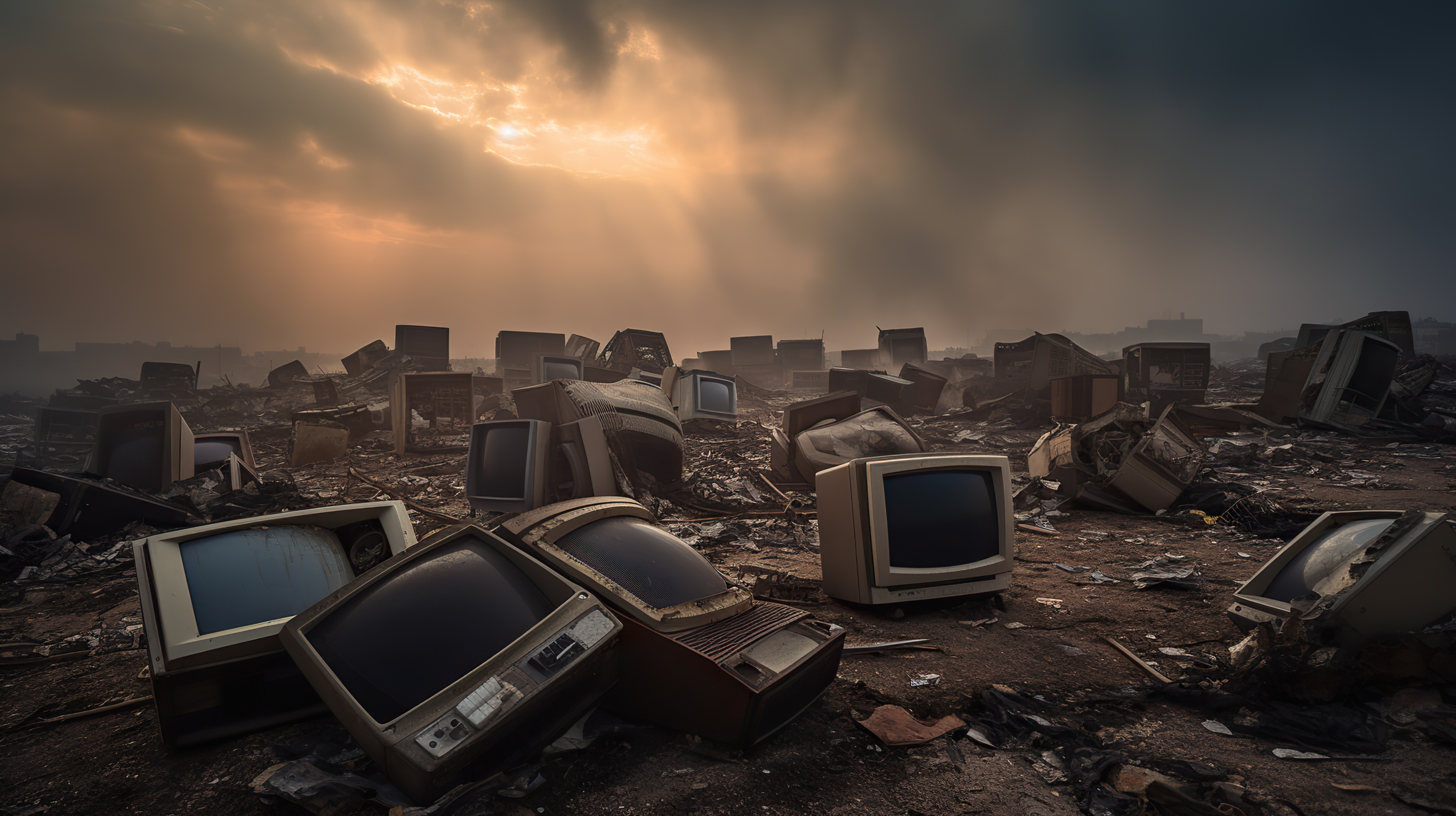 Landfill with old, rusted and broken televisions and apocalyptic background