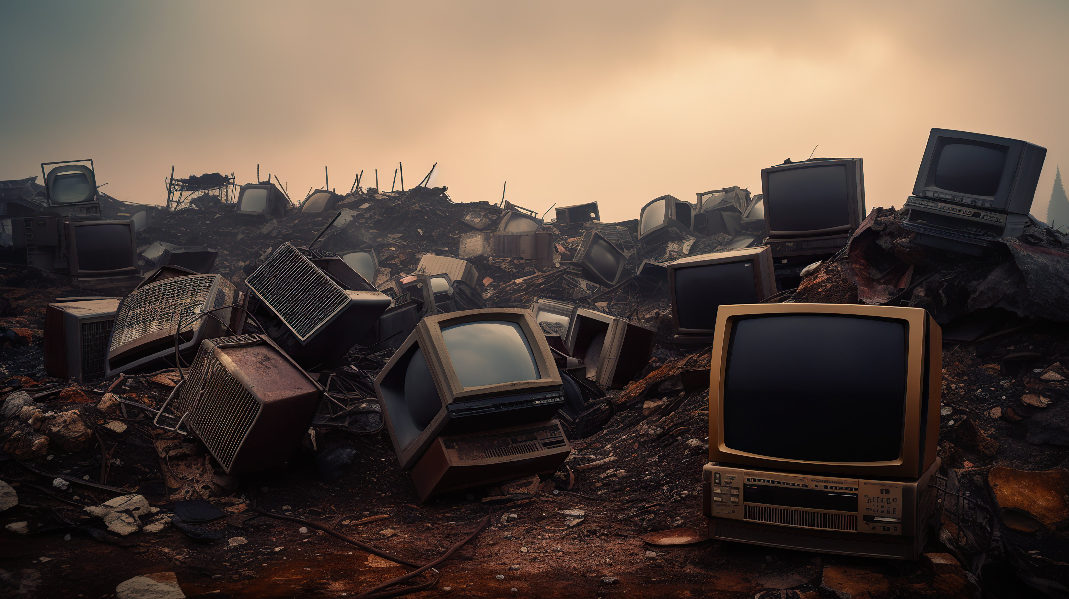 Landfill with old, rusted and broken televisions and apocalyptic background