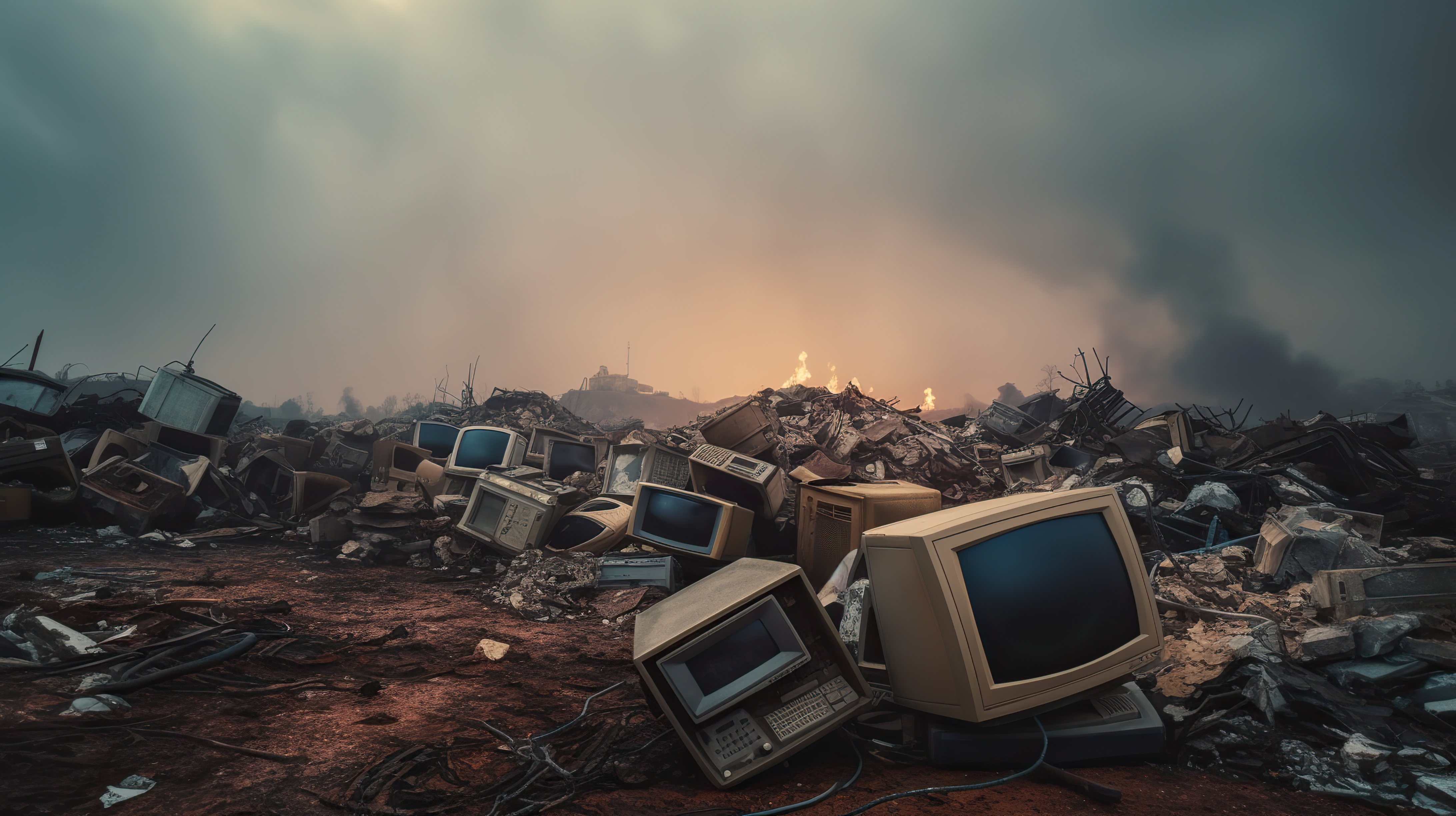 Landfill with old, rusted and broken televisions and apocalyptic background
