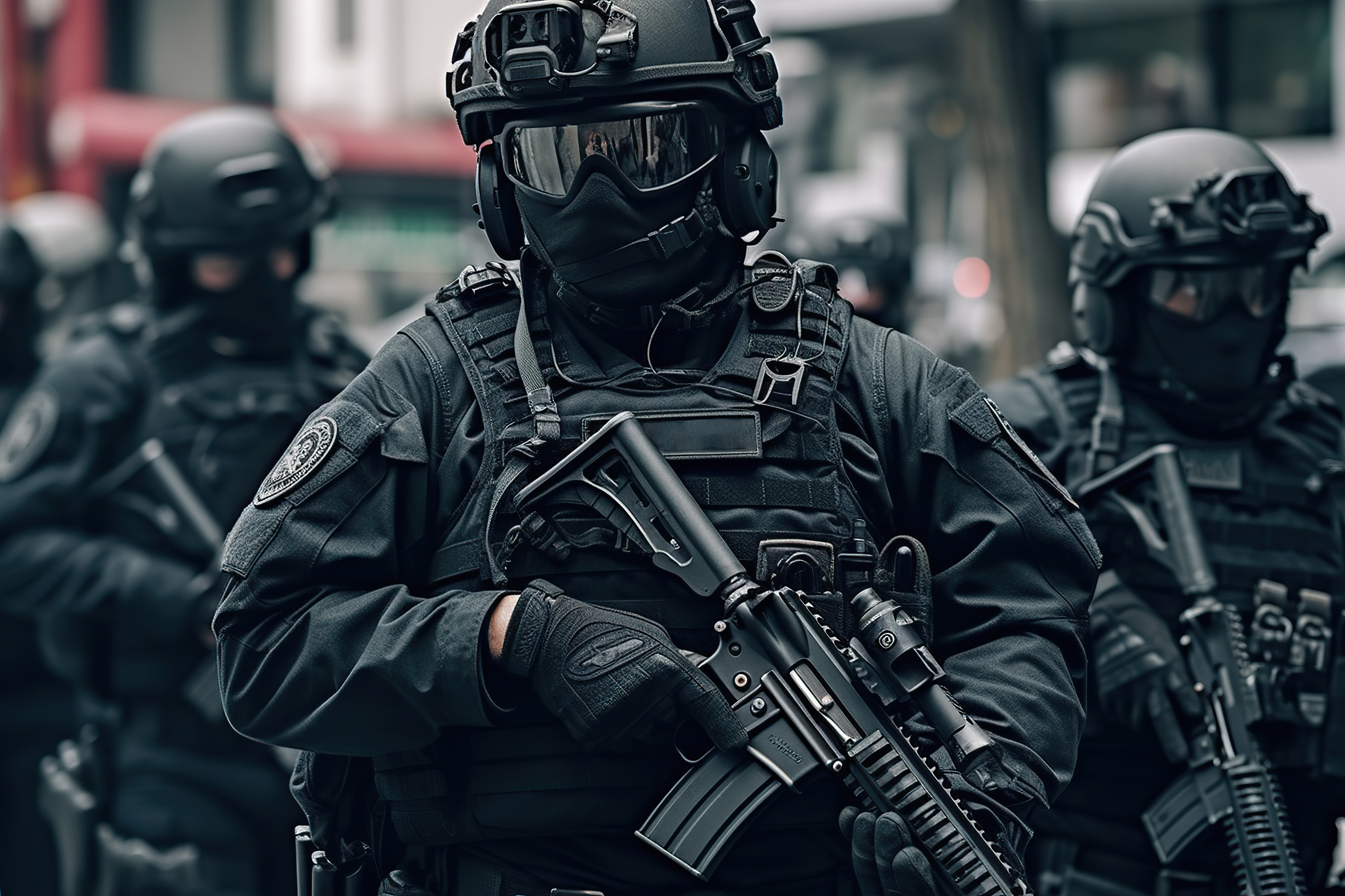 Police officers in full gear patrolling the streets, AI Generative
