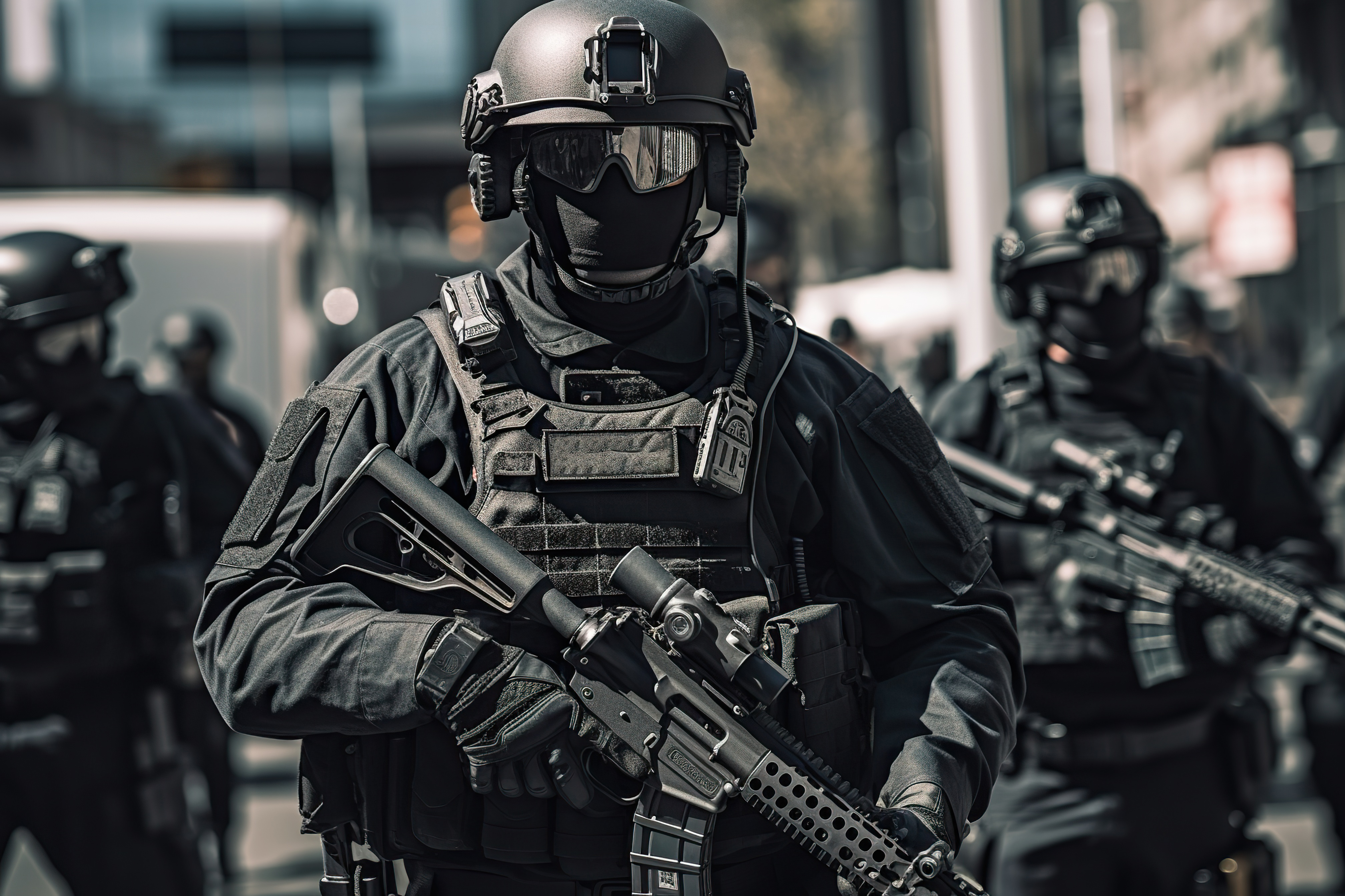Police officers in full gear patrolling the streets, AI Generative