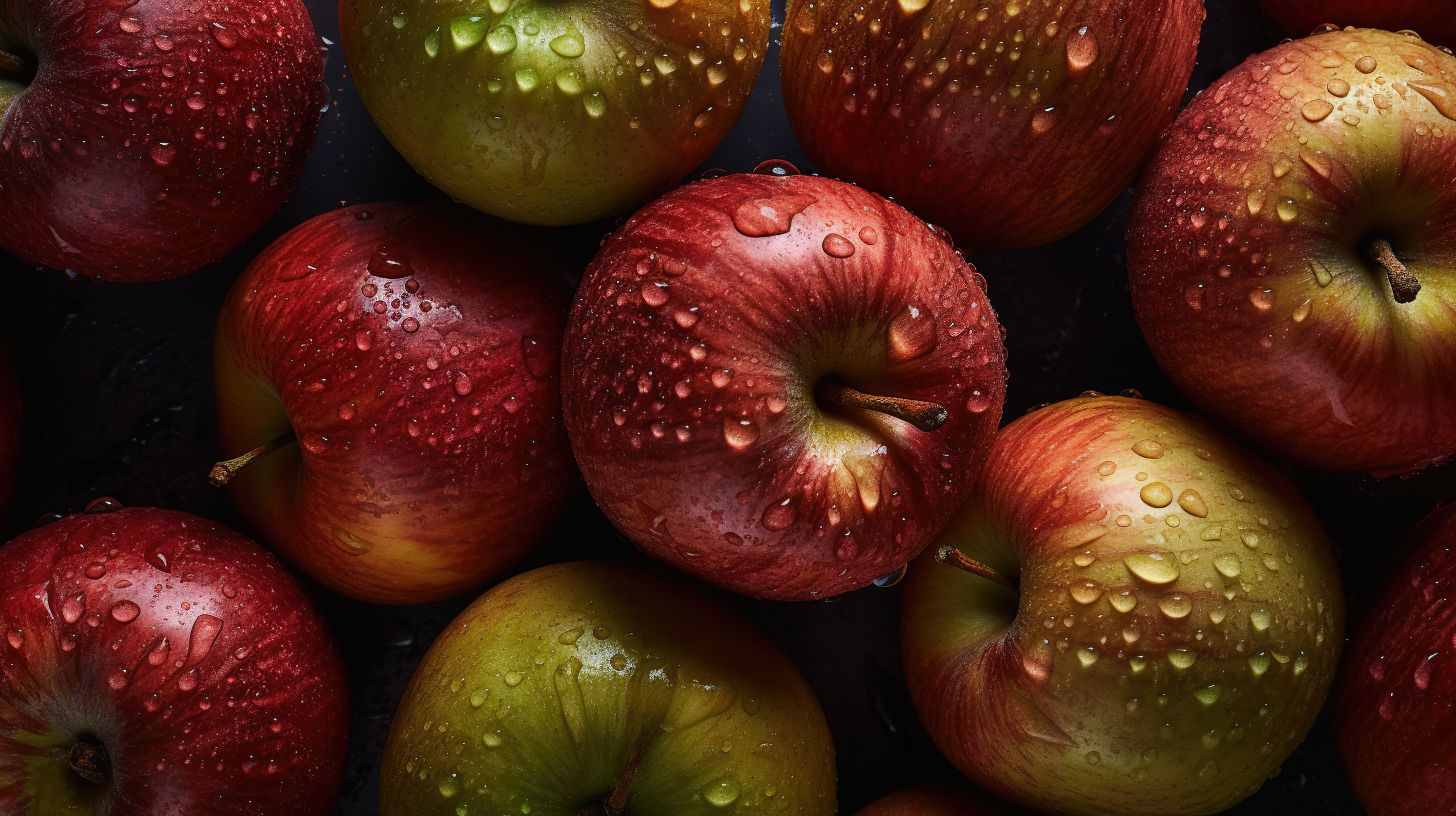 Fresh Red Apples with Water Droplets on Black Background