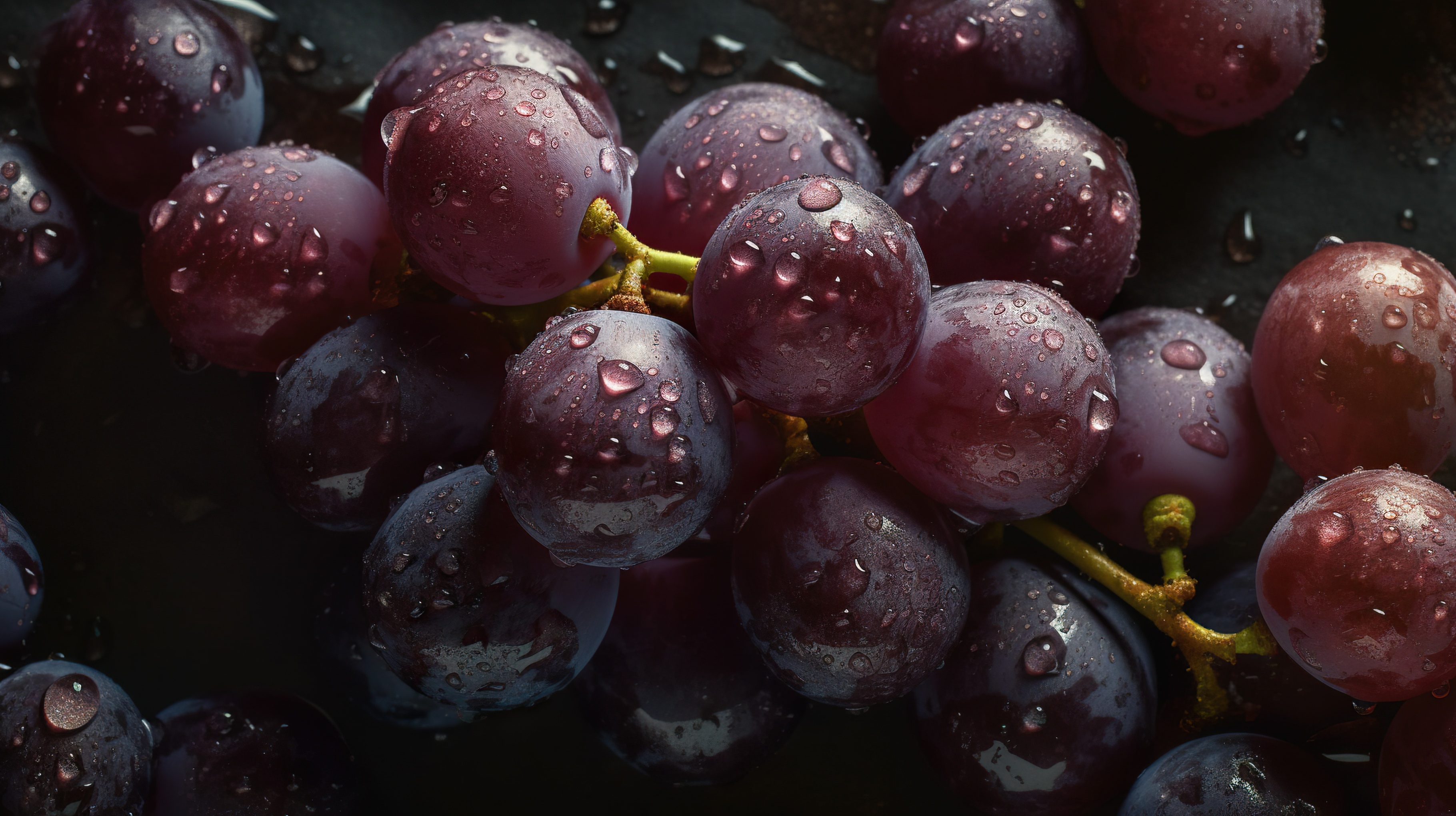 Red Grapes with Water Droplets on Dark Background, AI Generative
