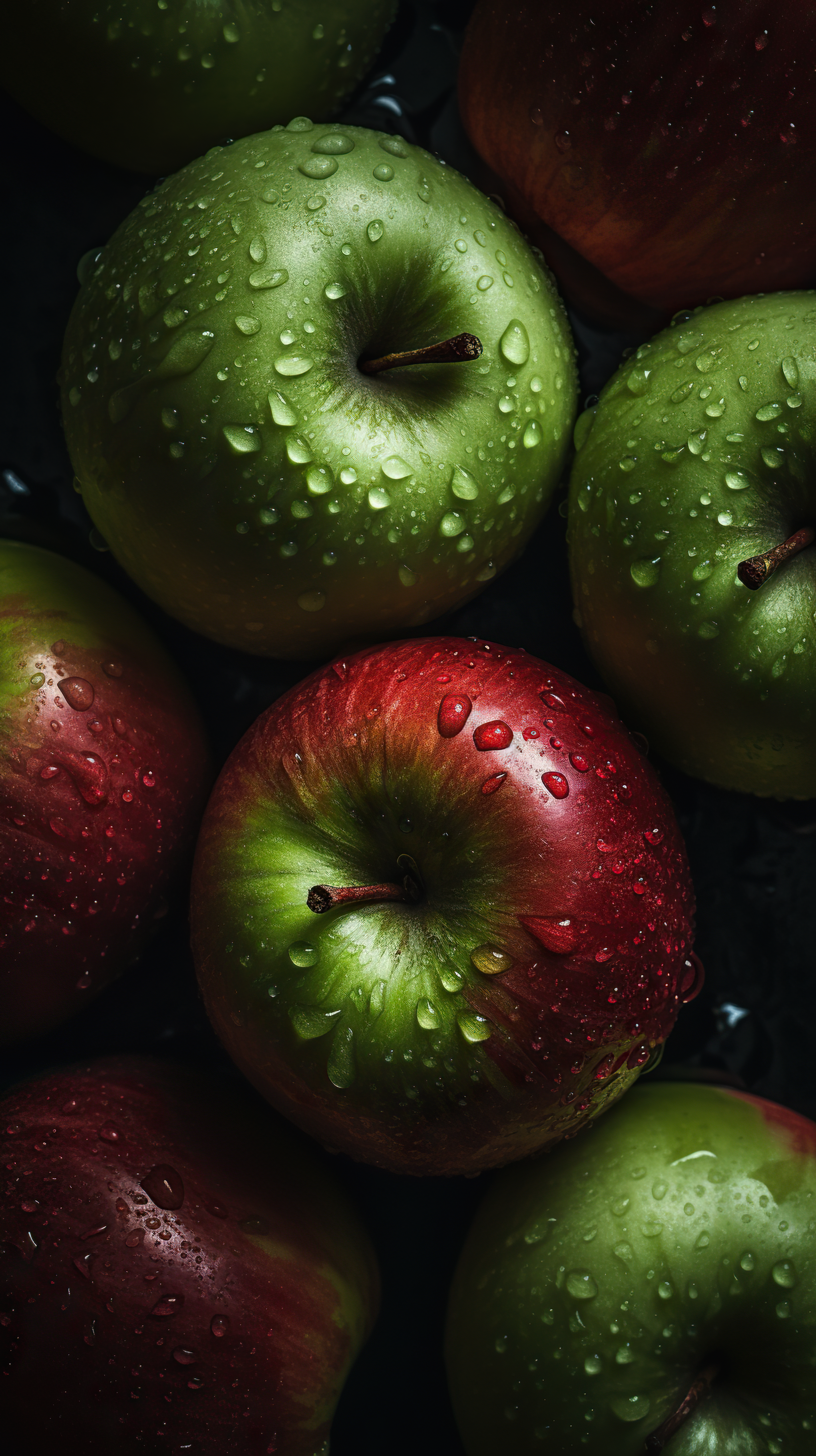 Fresh Red and Green Apples with Water Droplets on Black Background