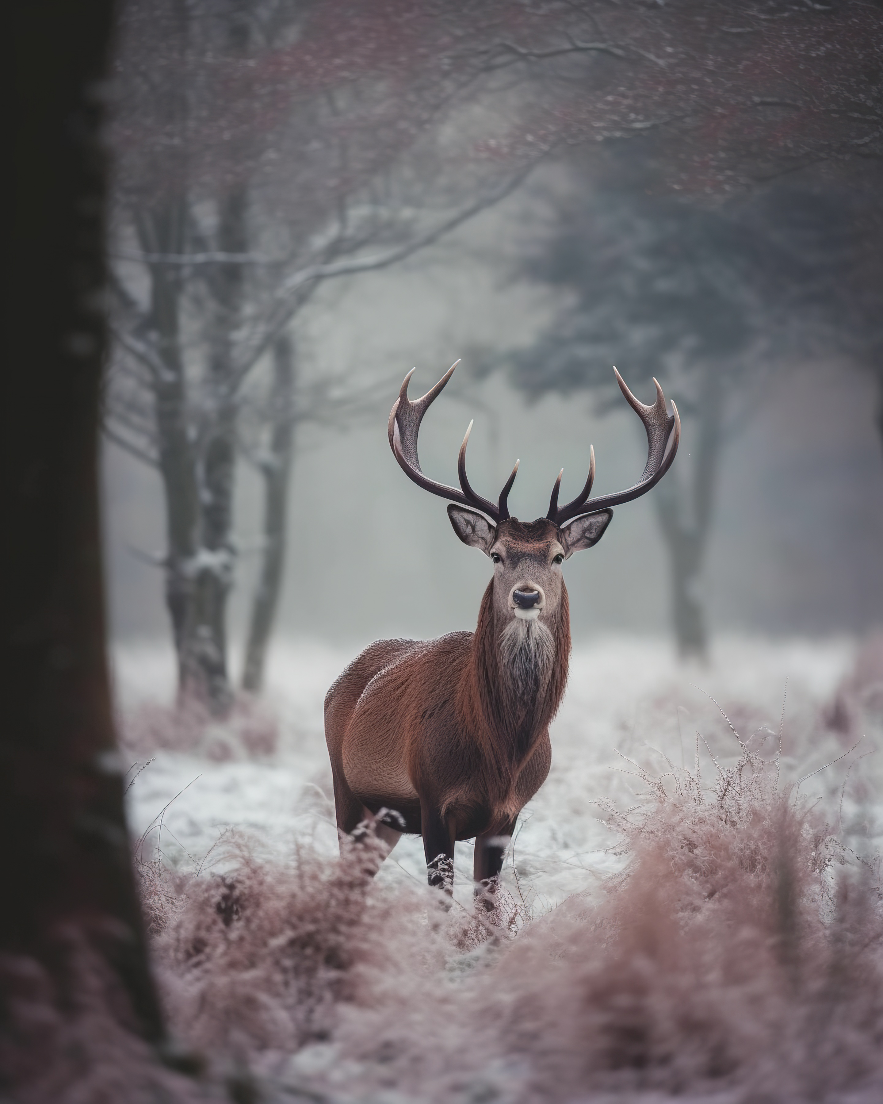 Red deer stag in snowy forest