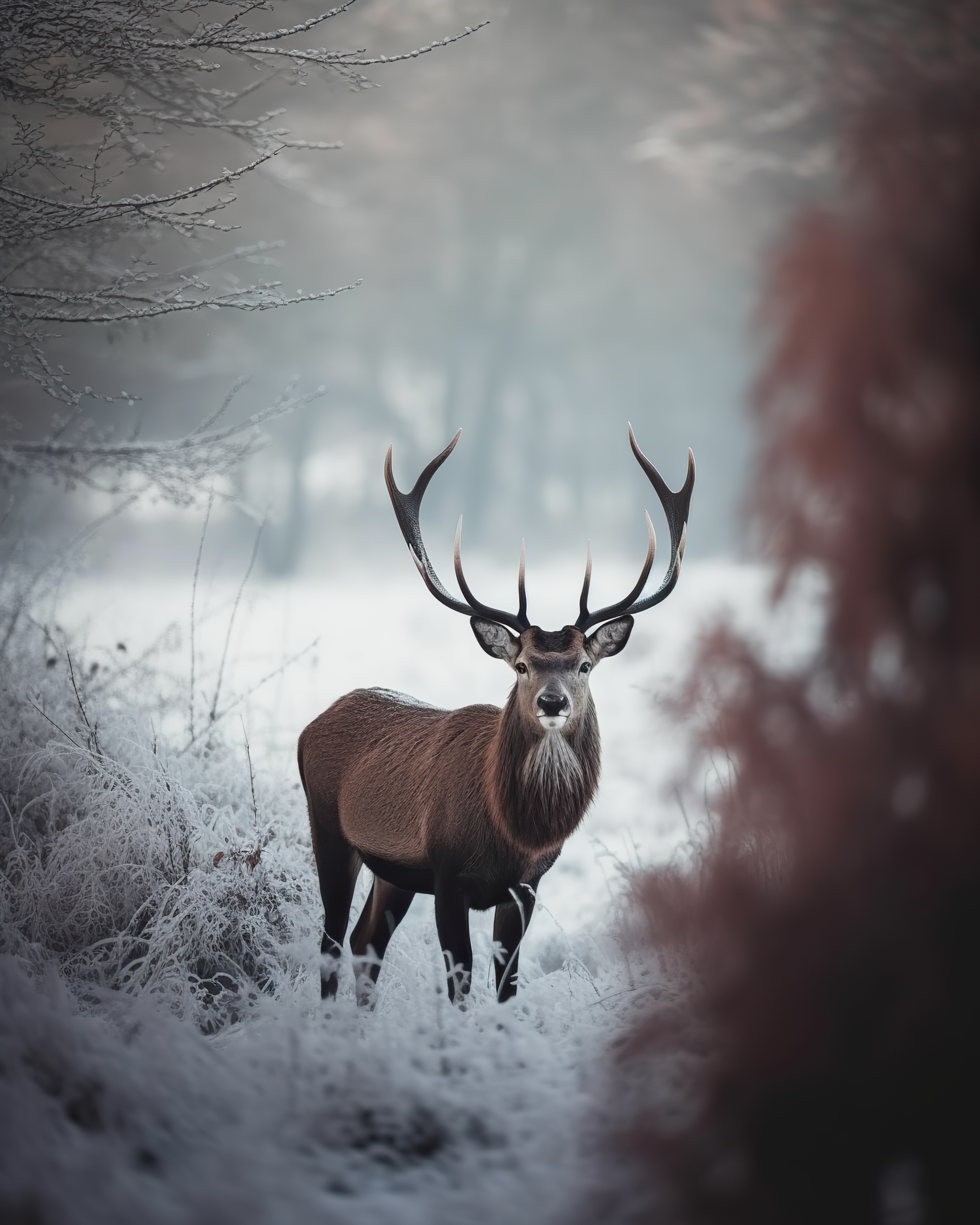 Red deer stag in snowy forest