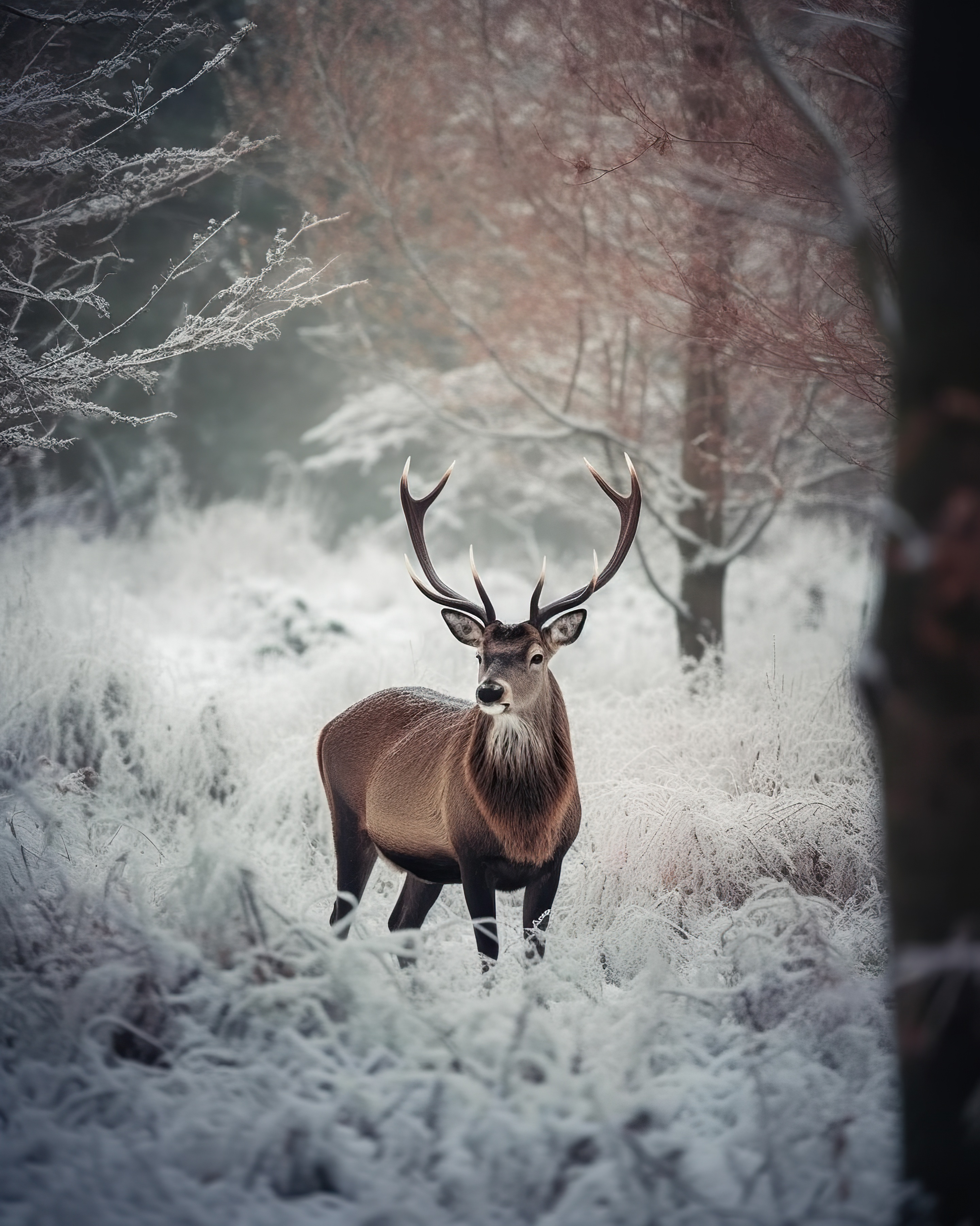 Red deer stag in snowy forest