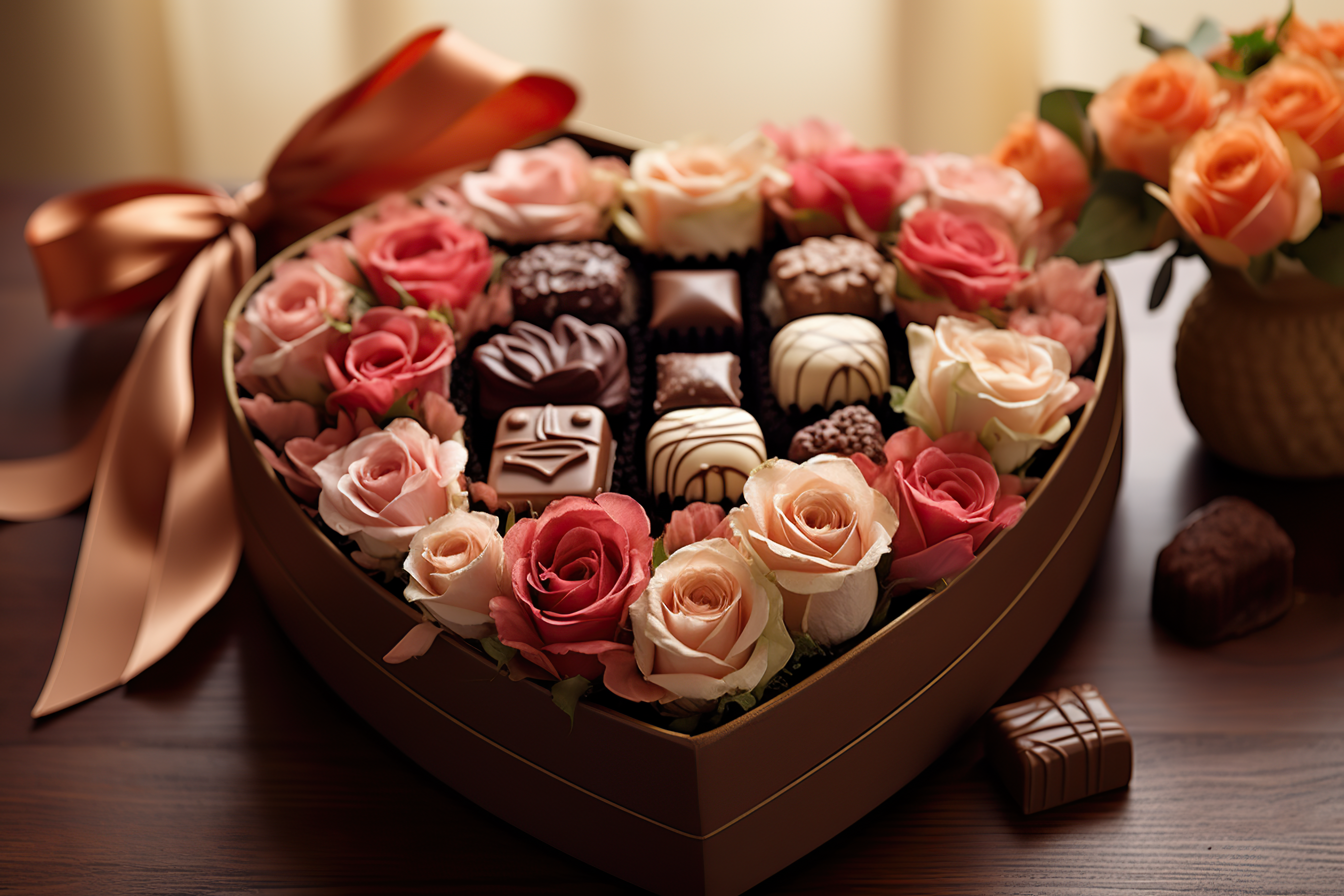 Rose bouquet of flowers and heart shape chocolate box