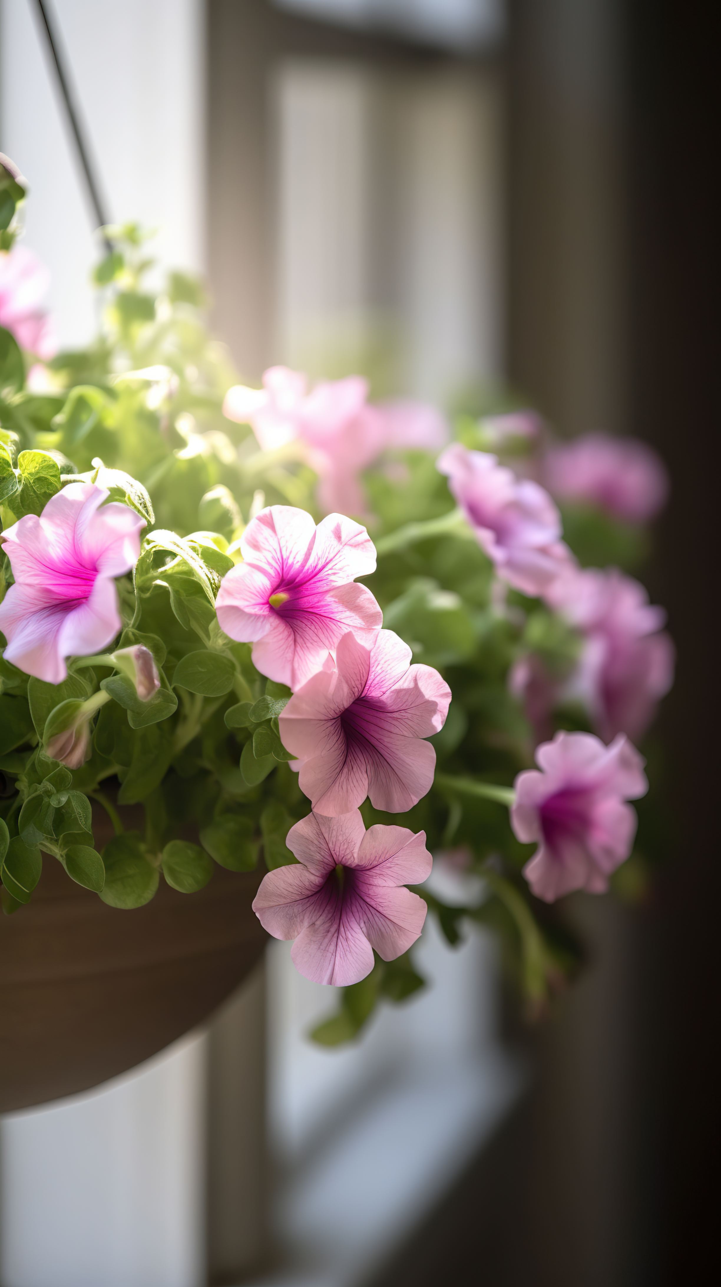 Soft pink petunia flower hanging from the eaves