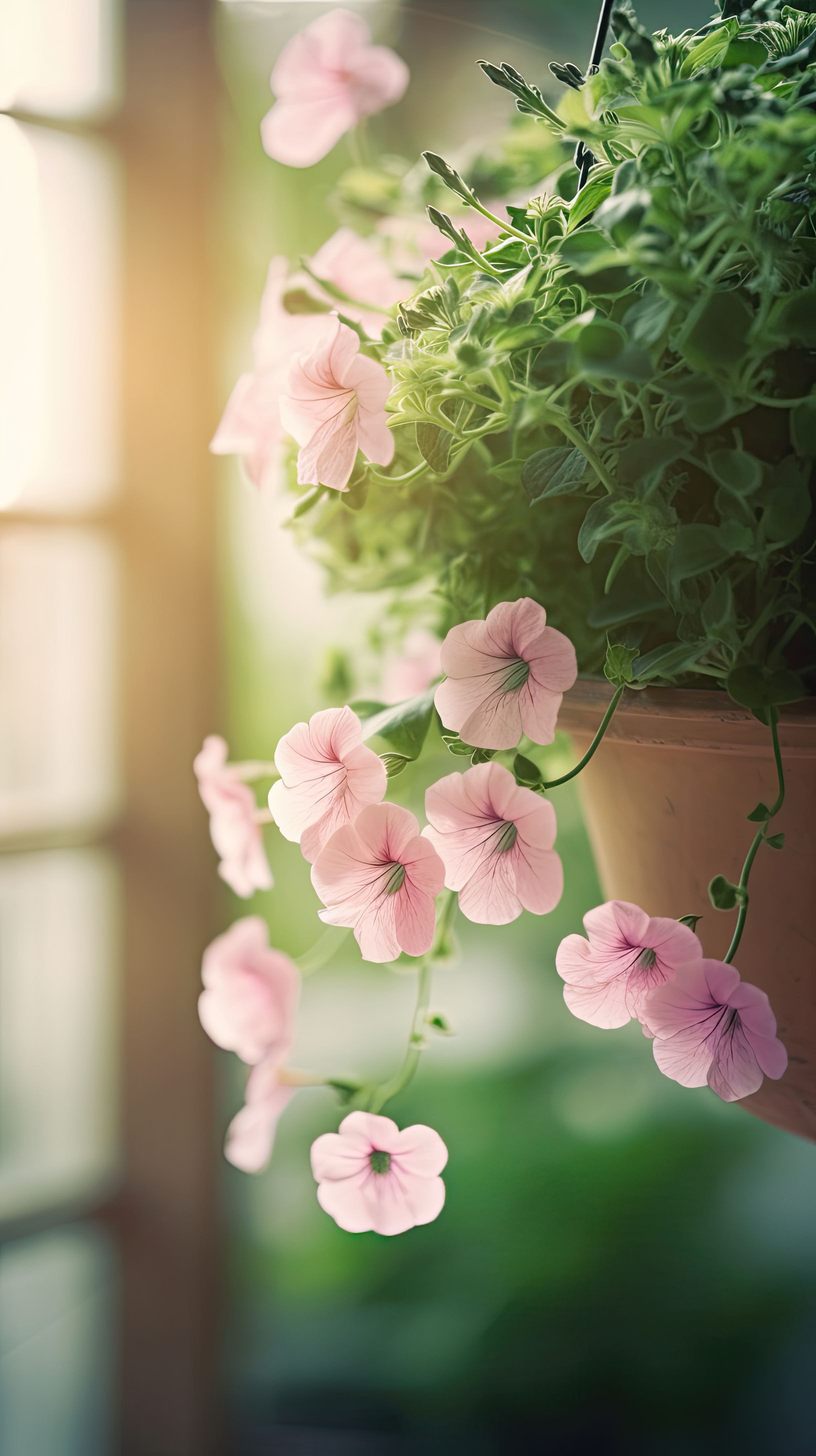 Soft pink petunia flower hanging from the eaves