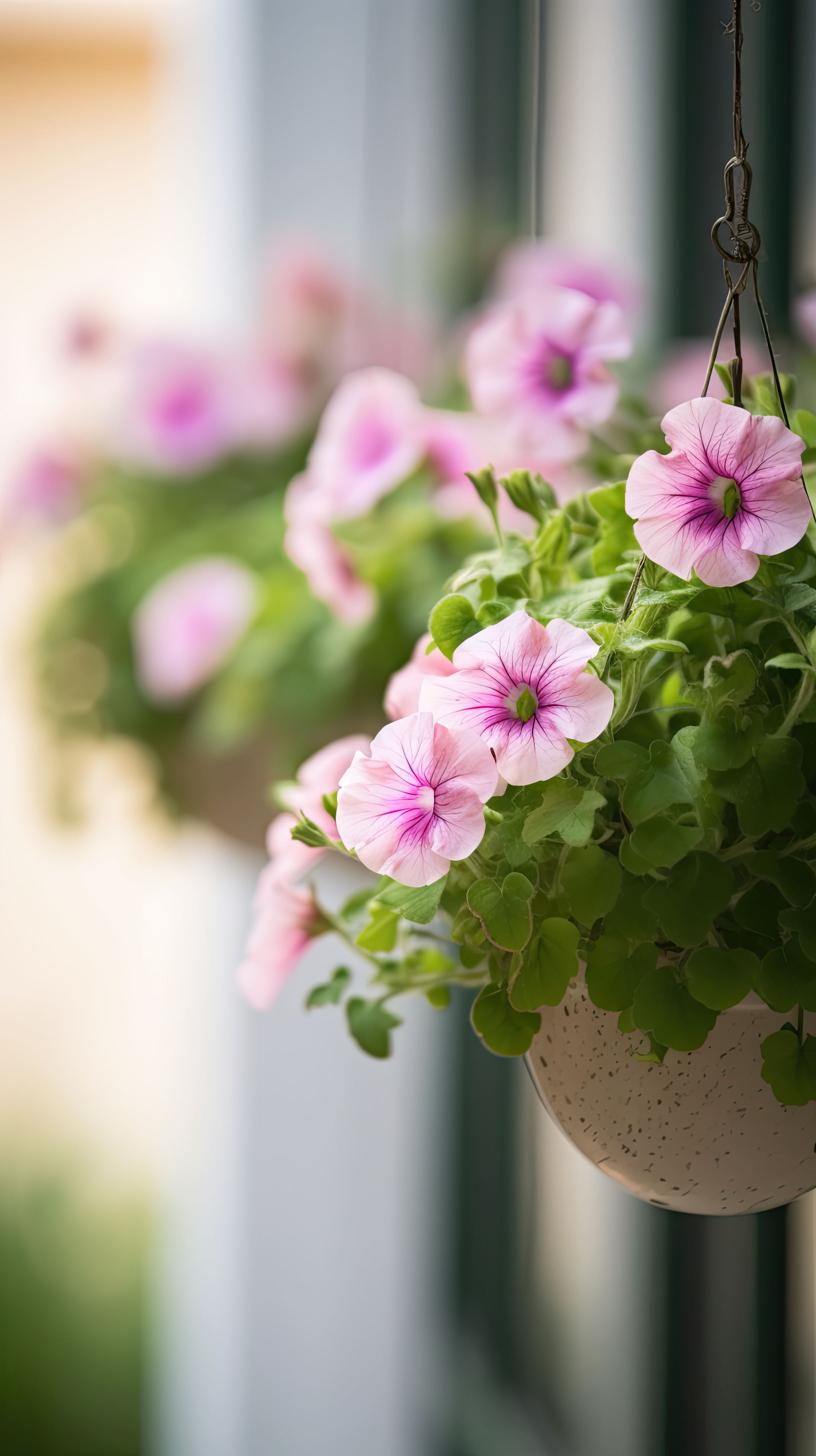 Soft pink petunia flower hanging from the eaves