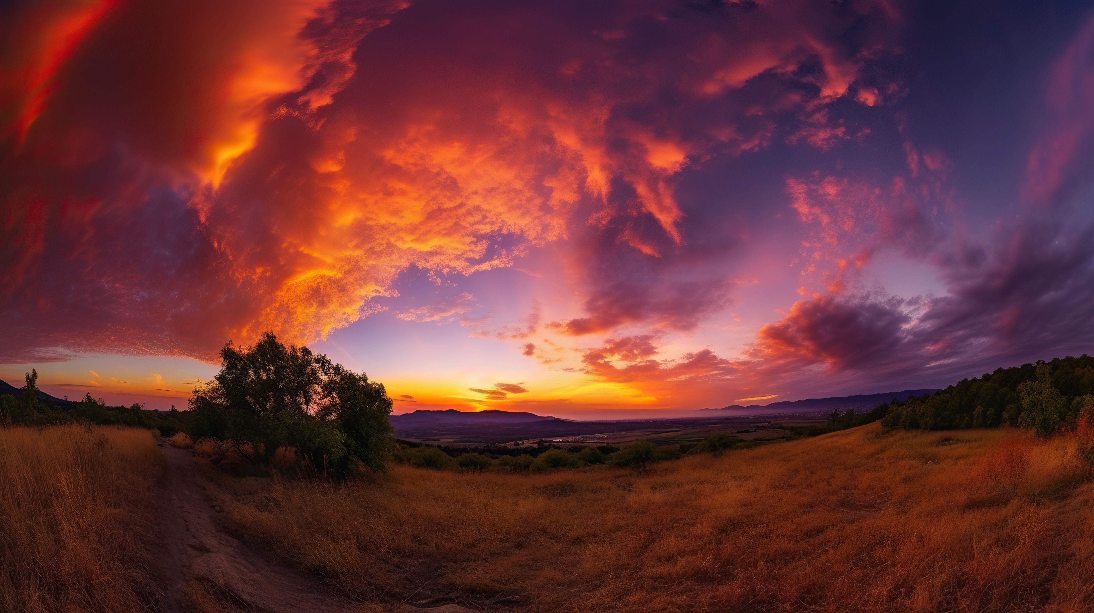Stunning Sunset With Colorful Clouds Over a Field of Grass and Trees