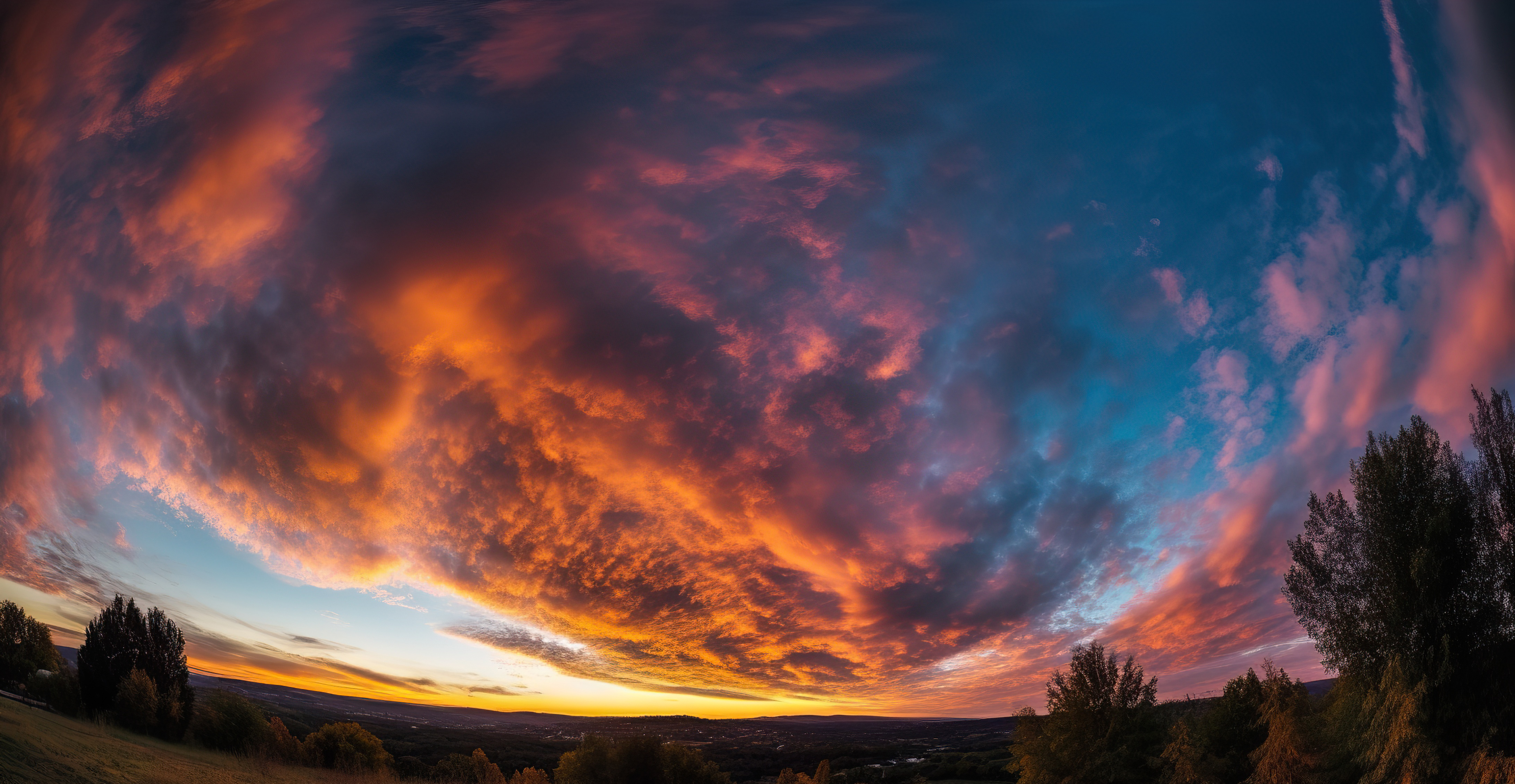 Stunning Sunset With Colorful Clouds Over a Field of Grass and Trees