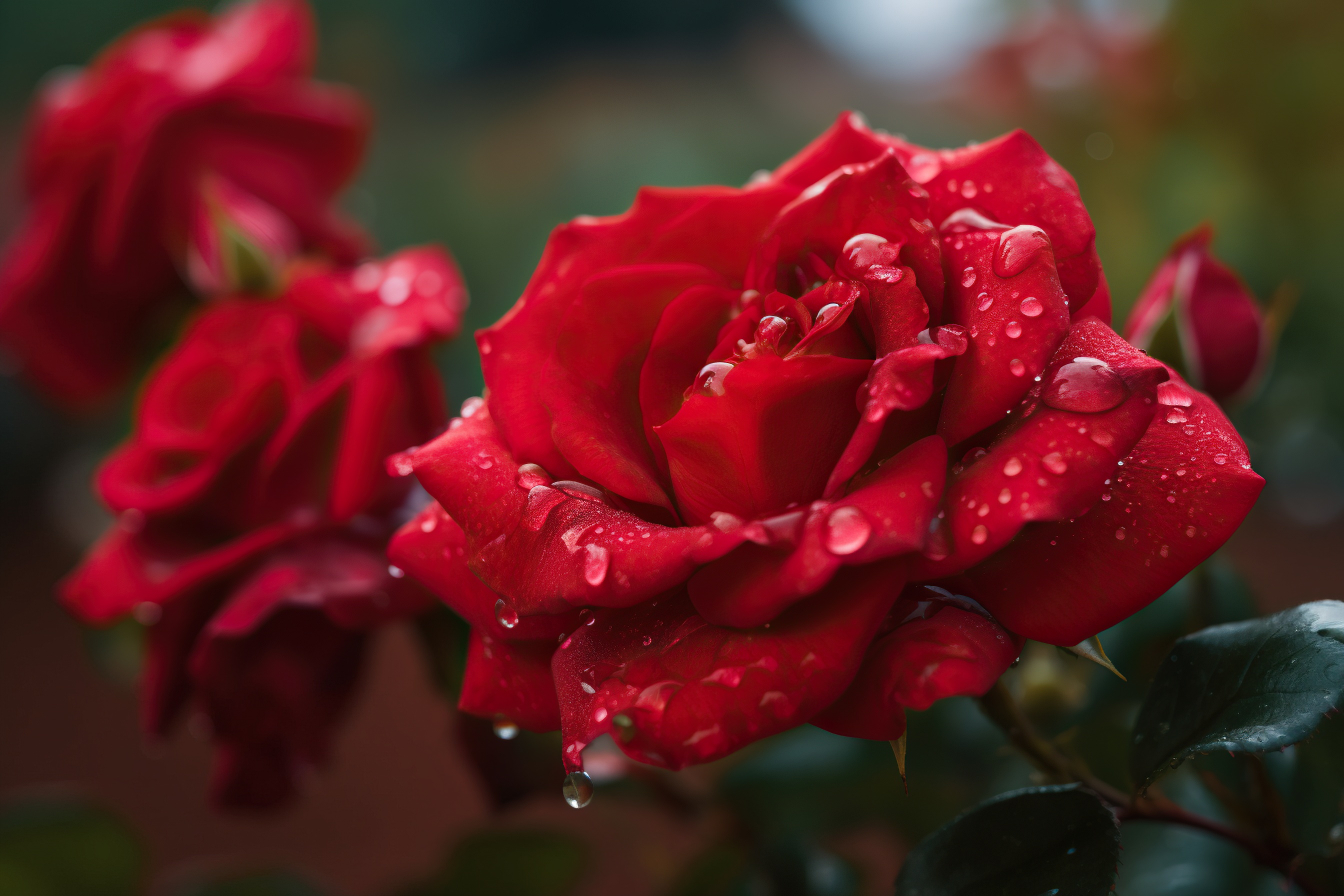 Water droplets on the red rose petals, AI generative