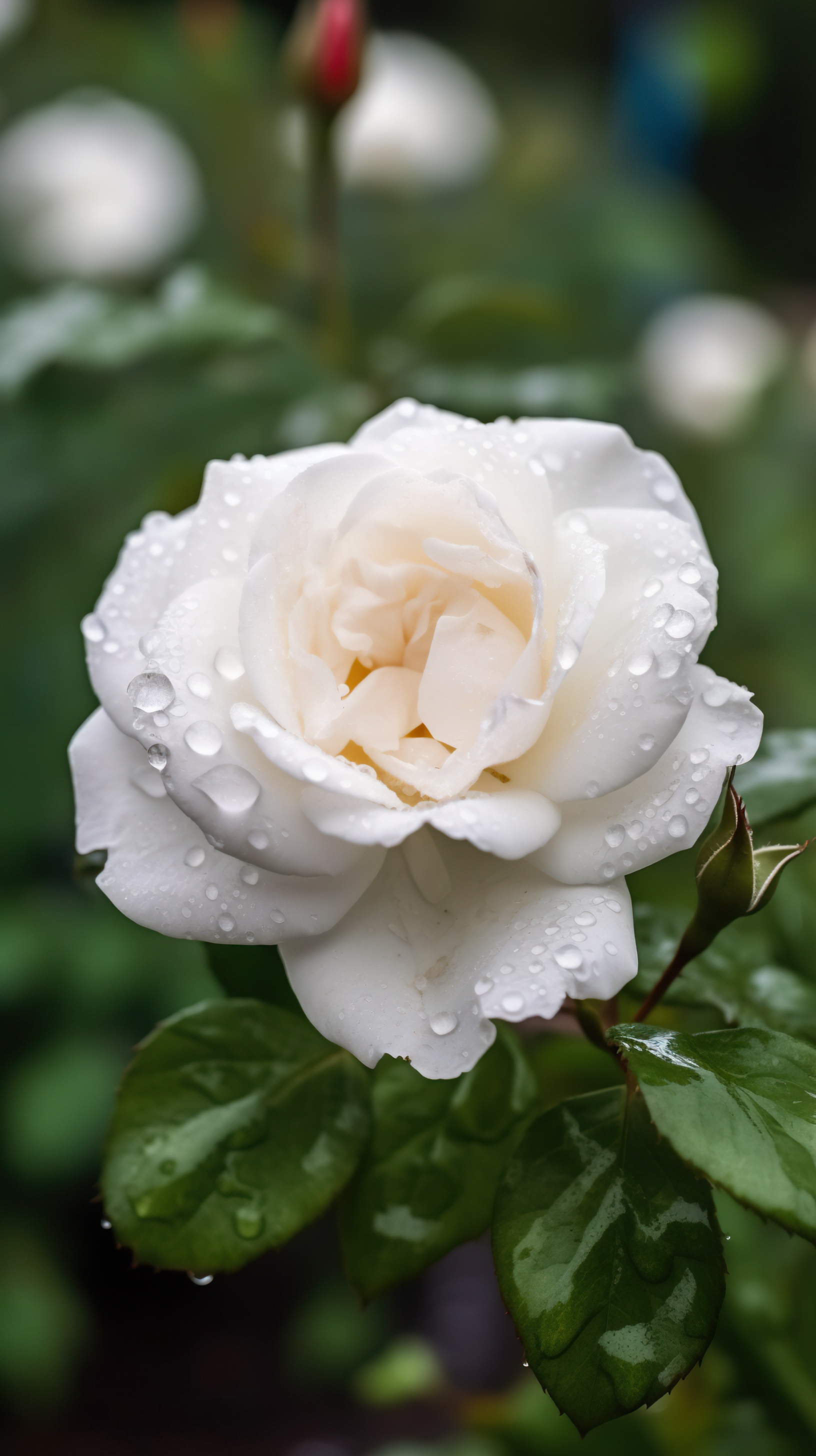 Water droplets on the white rose petals, AI generative