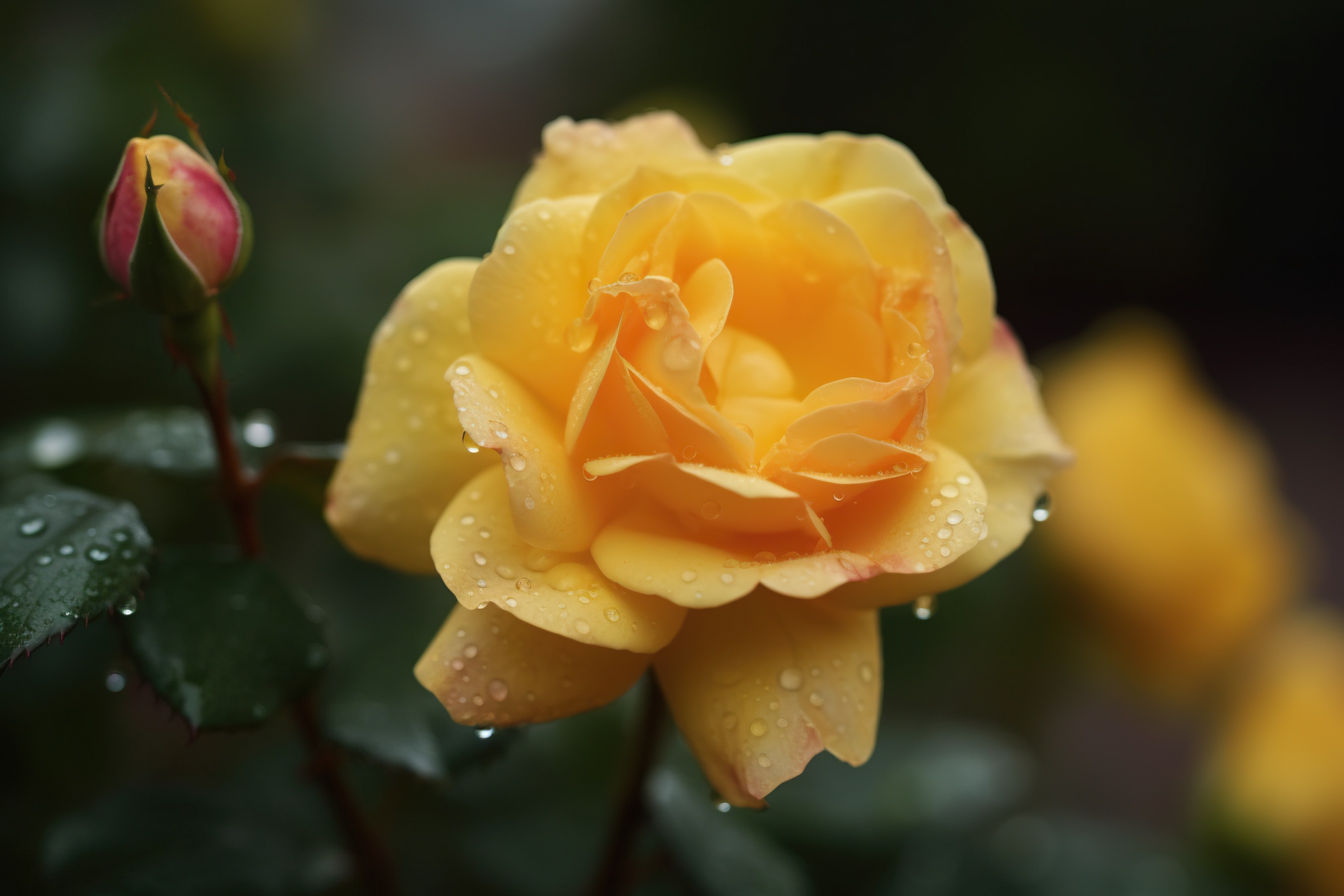 Water droplets on the yellow rose petals, AI generative