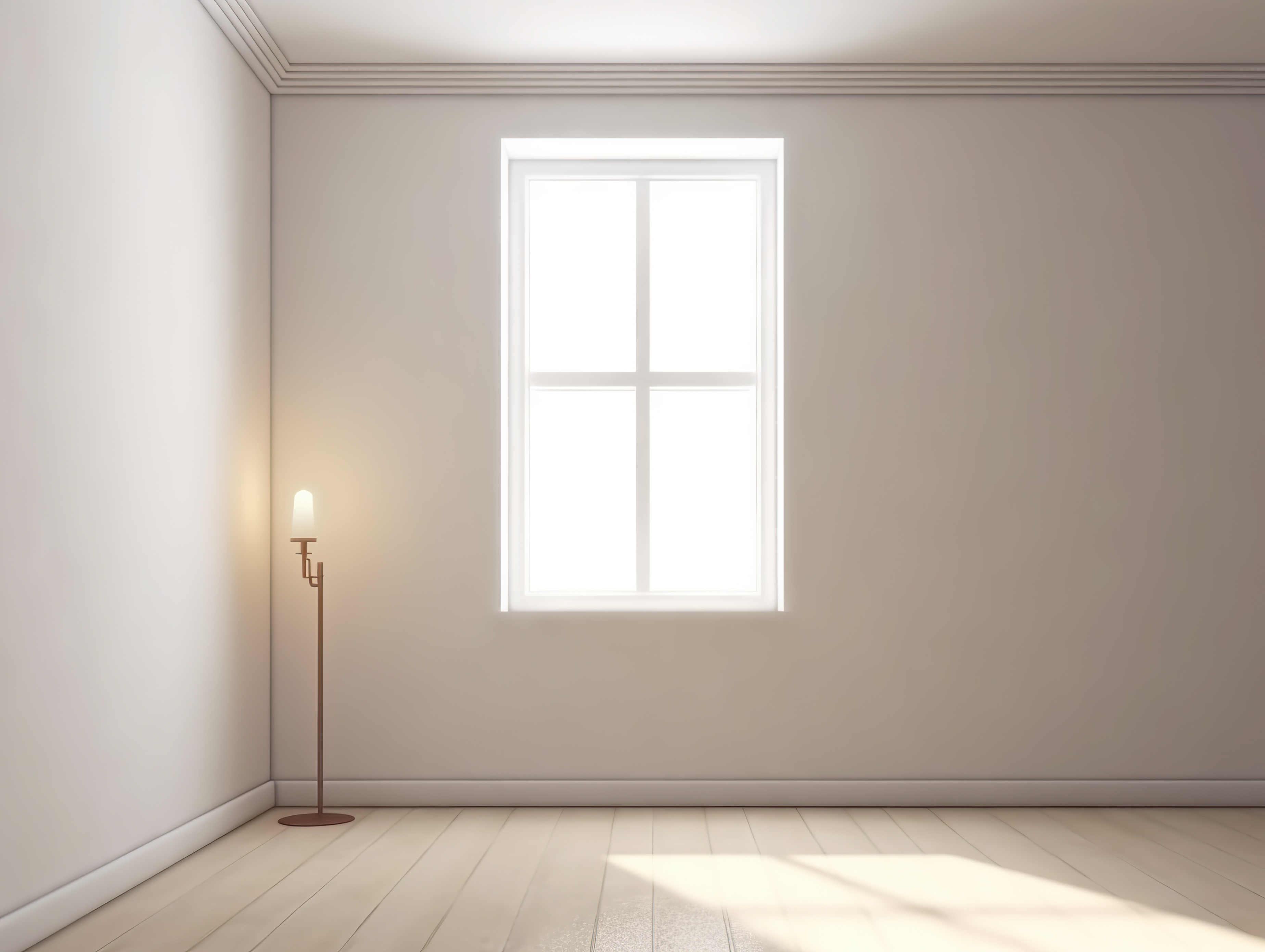 White room with a window and candle in corner of the wall