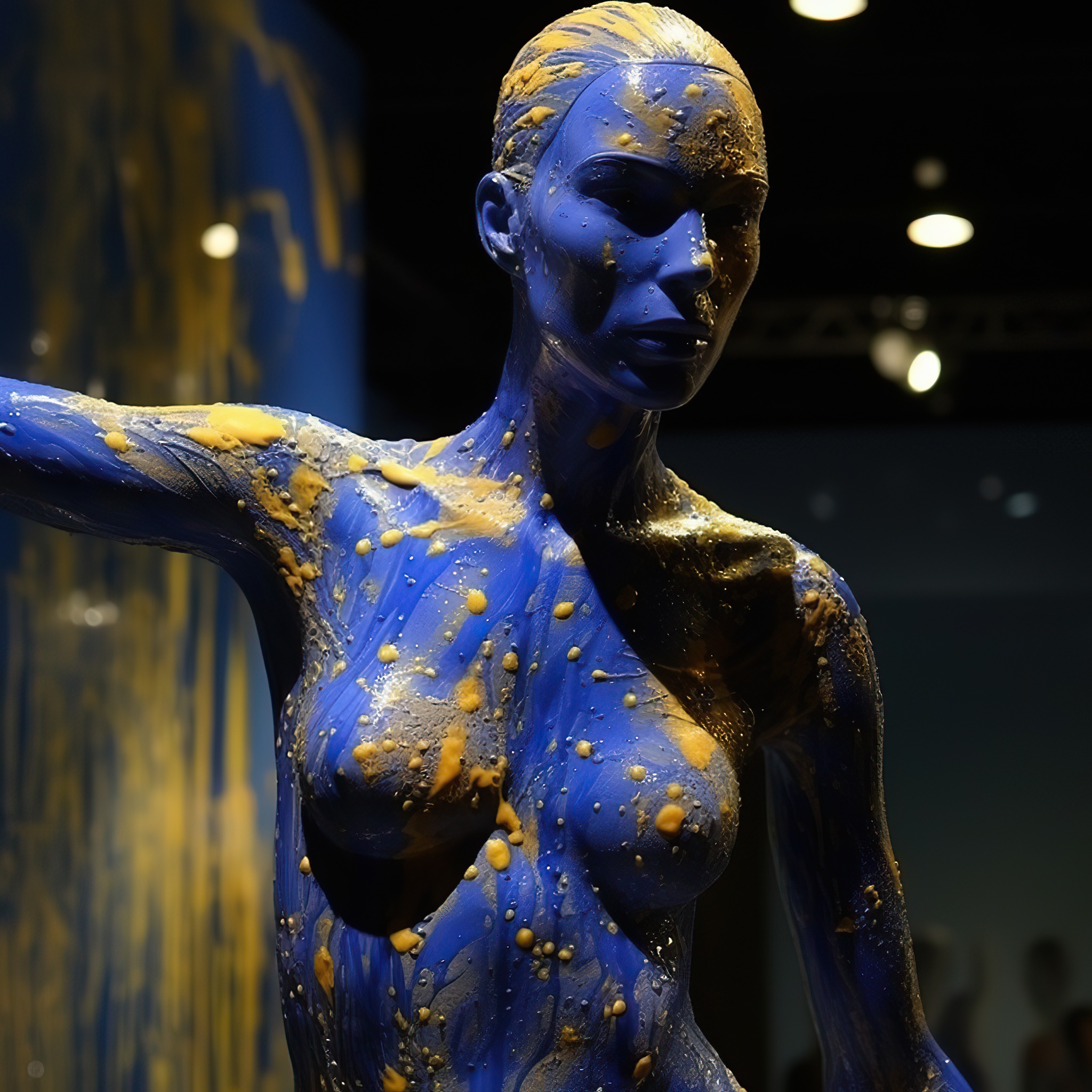 Woman with Open Arms and Tilted Head - Covered with Blue and Yellow Colors, AI generative