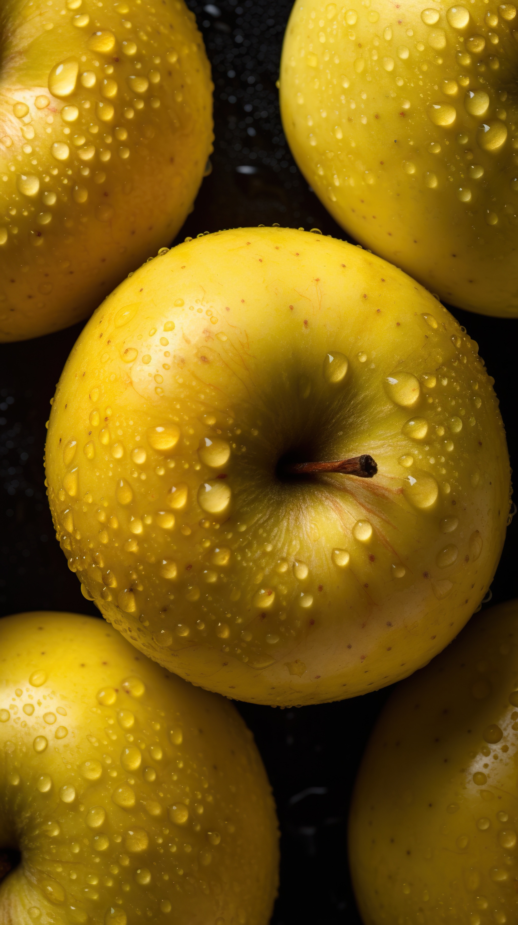 Fresh Yellow Apples with Water Droplets on Black Background