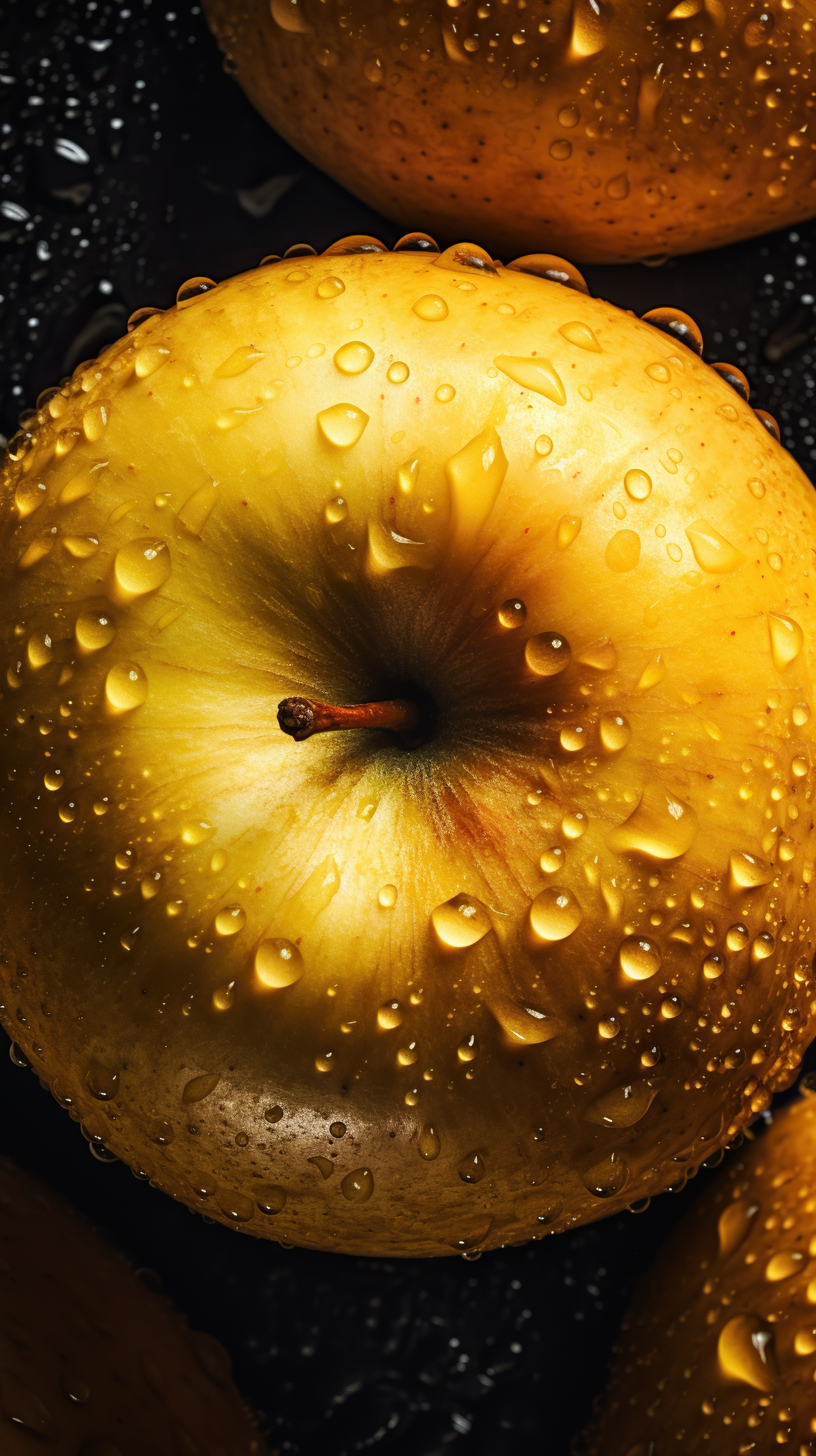 Fresh Yellow Apples with Water Droplets on Black Background