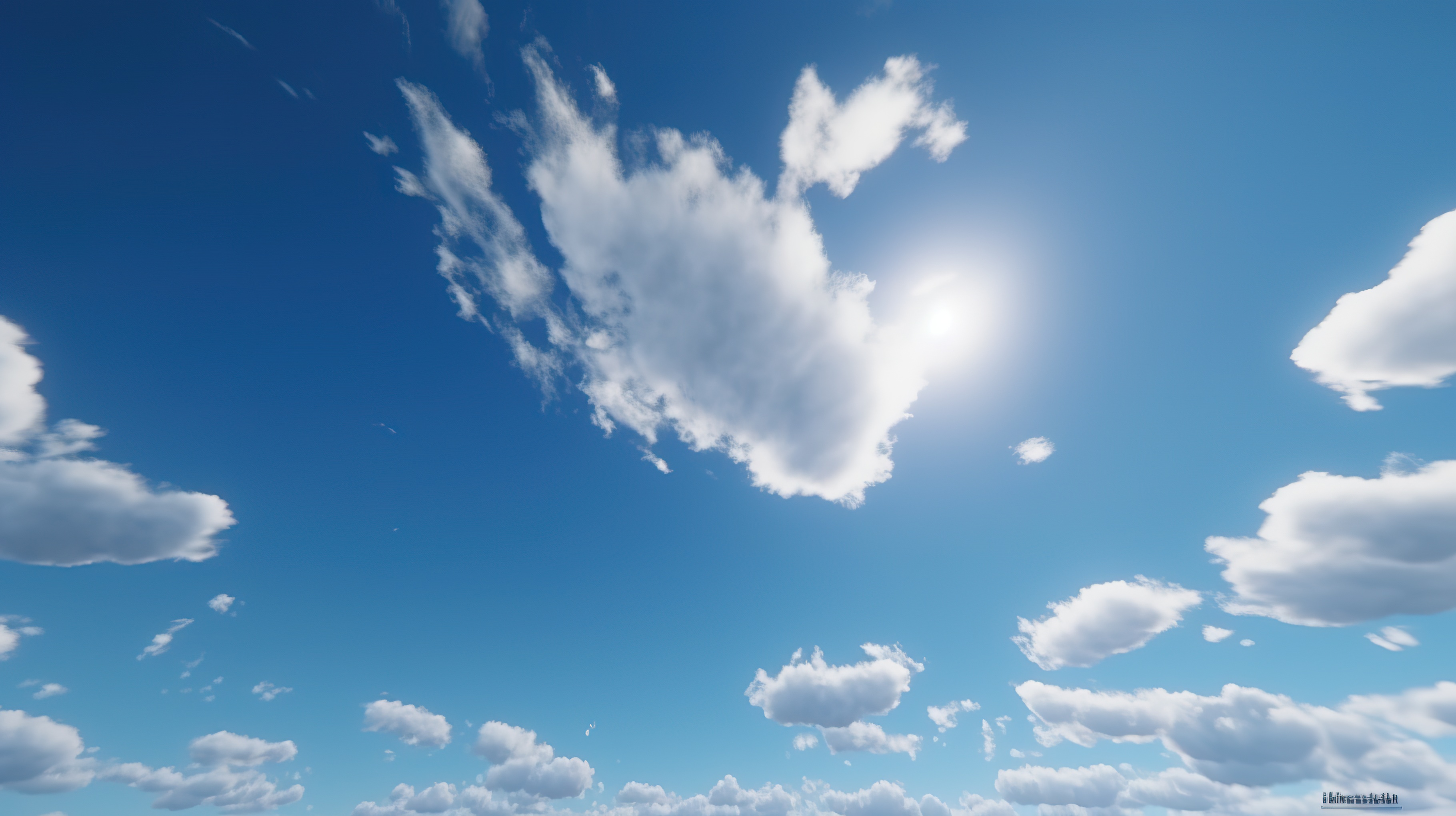 A clear blue sky with fluffy white clouds scattered throughout