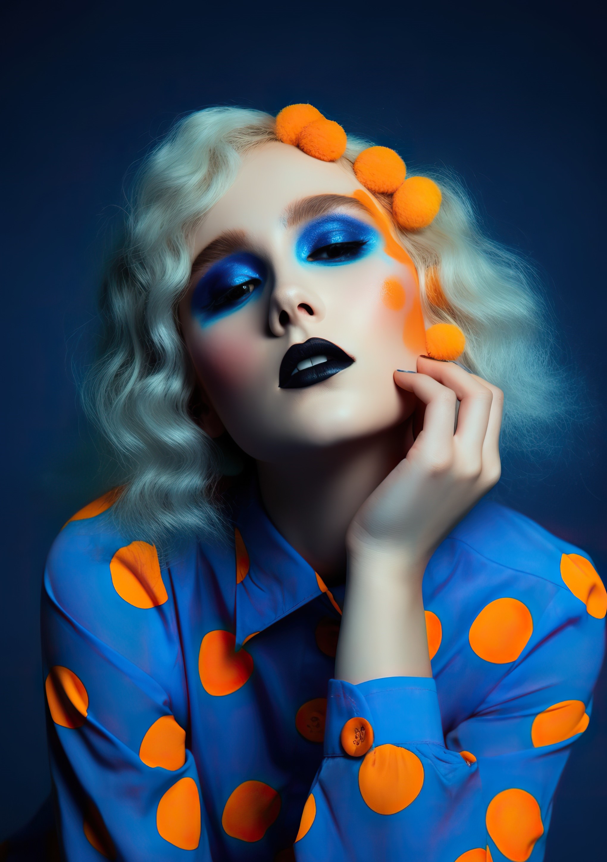 A woman with a bold and colorful makeup look, featuring polka dots on her dress and face, AI Generative