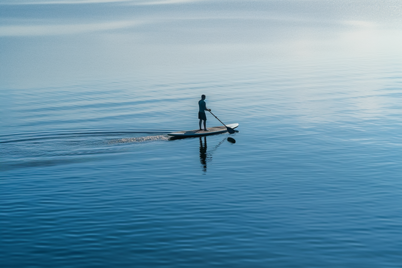 a person on a paddleboard surrounded by calm water