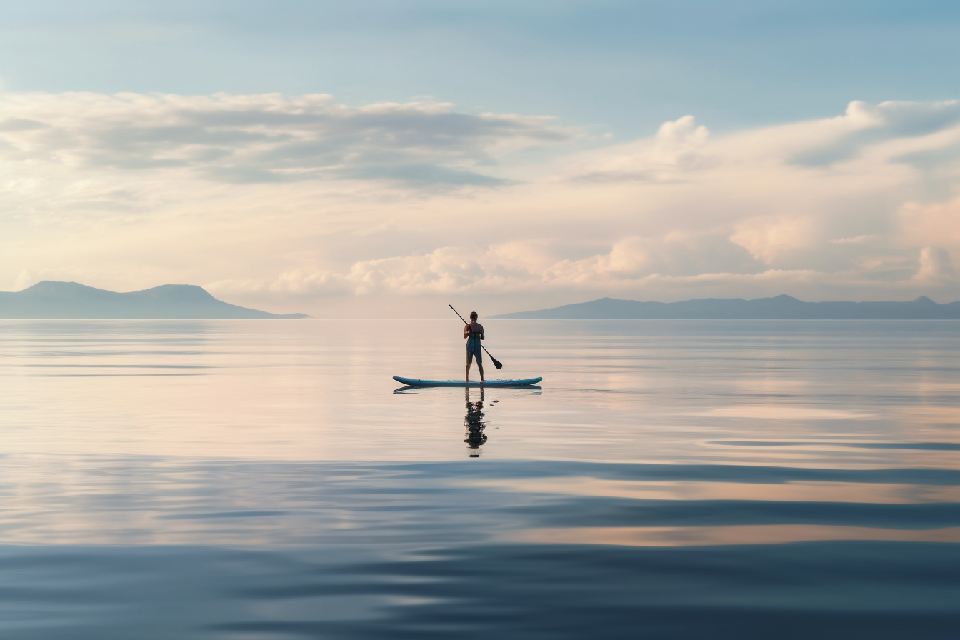 a person on a paddleboard surrounded by calm water