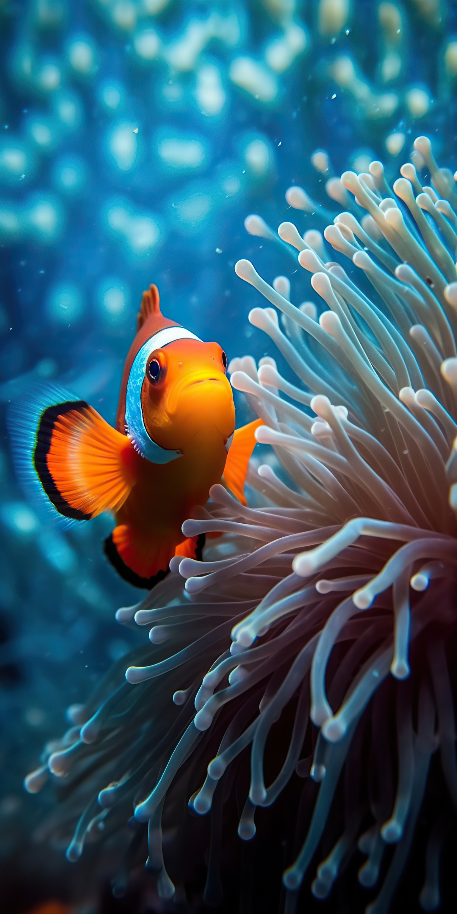 beautiful close-up shot of a cute clownfish next to corals