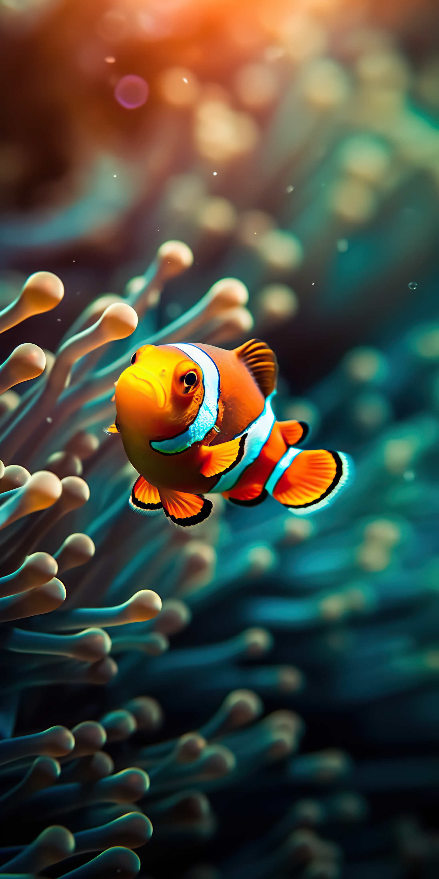 beautiful close-up shot of a cute clownfish next to corals