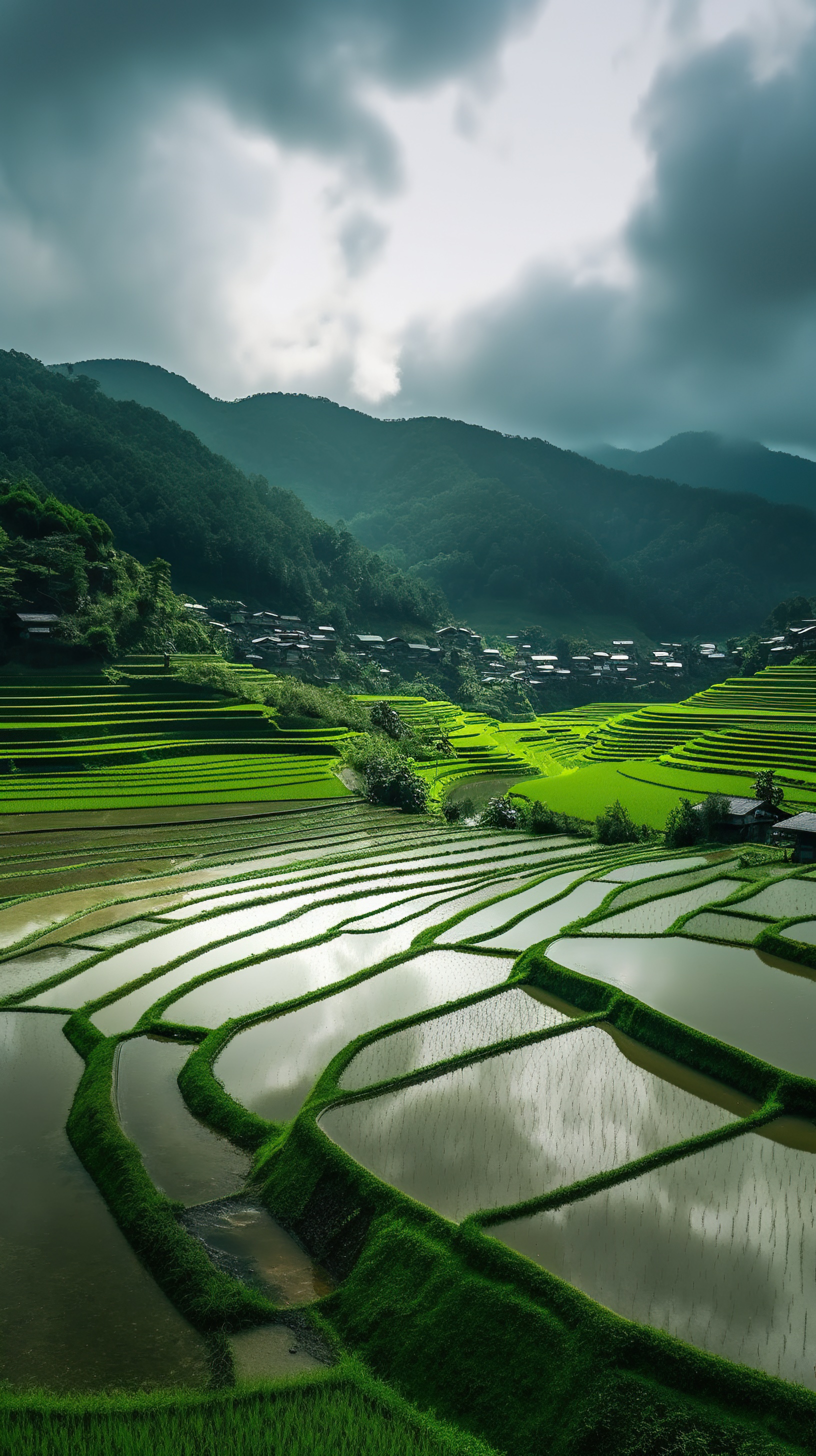 Beautiful green rice field with mountains view, AI Generative