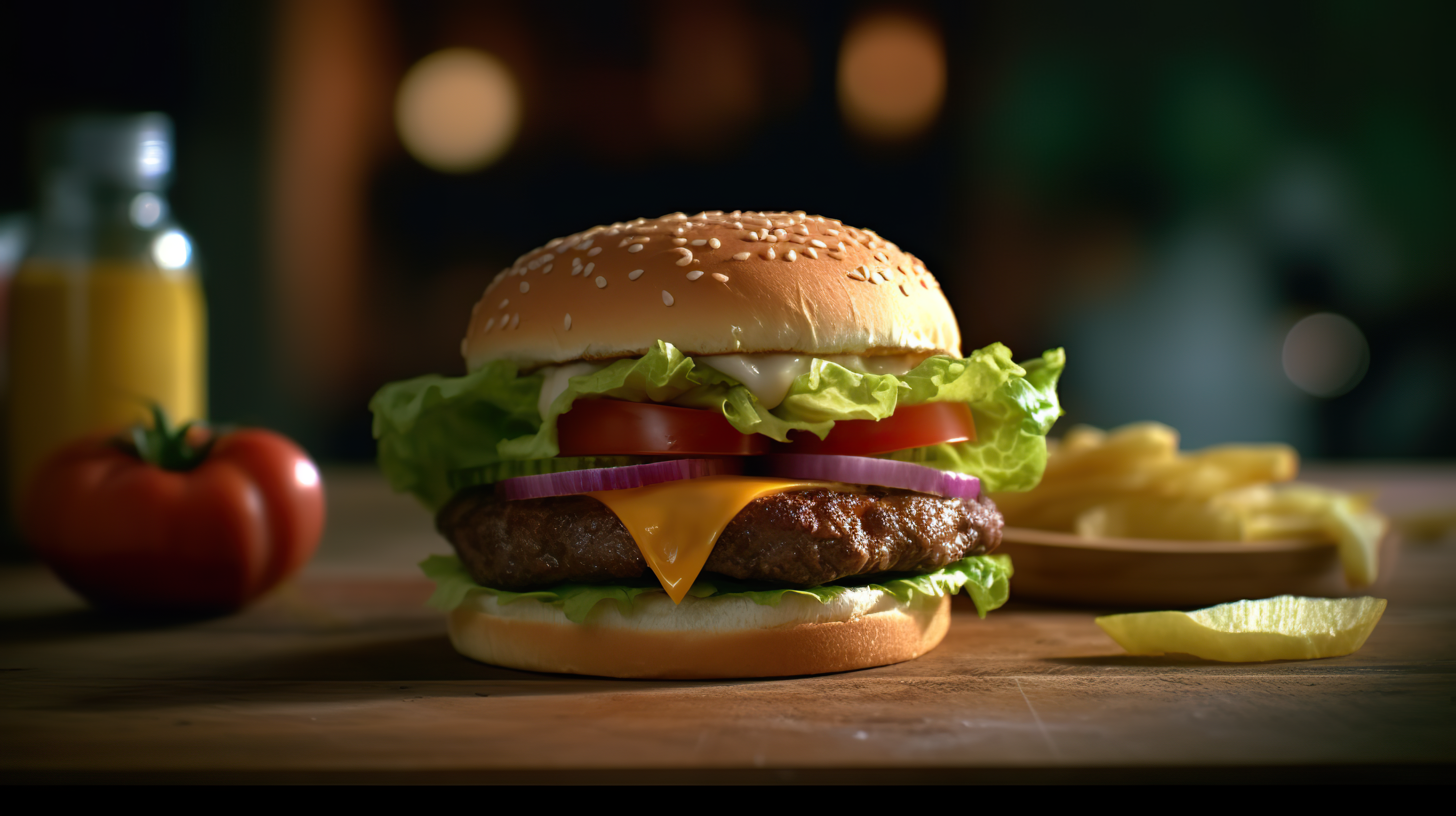Close-up of delicious fresh burger with lettuce, cheese, onion and tomato on a rustic wooden plank on a dark background