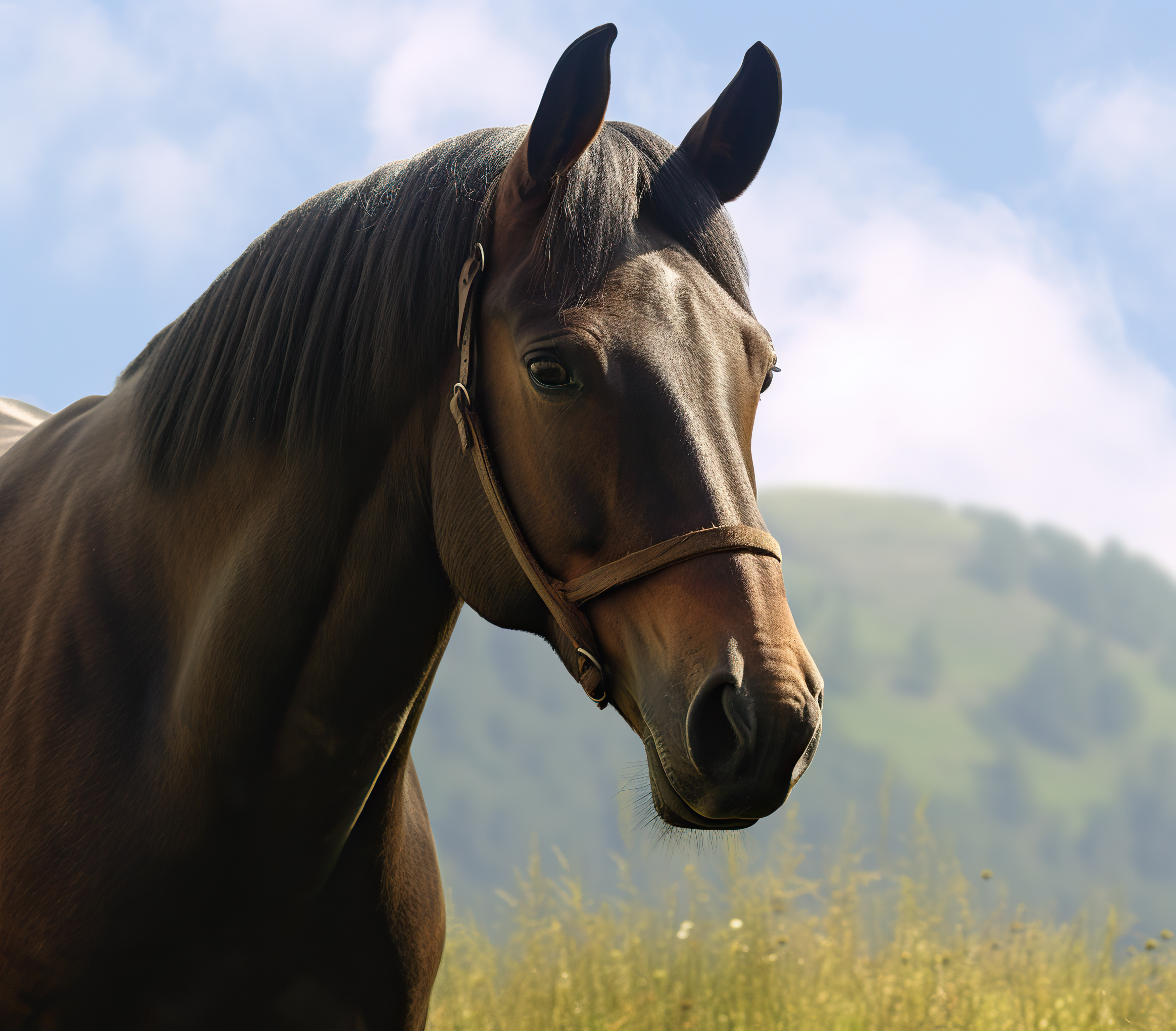 dark brown horse standing on grassy field