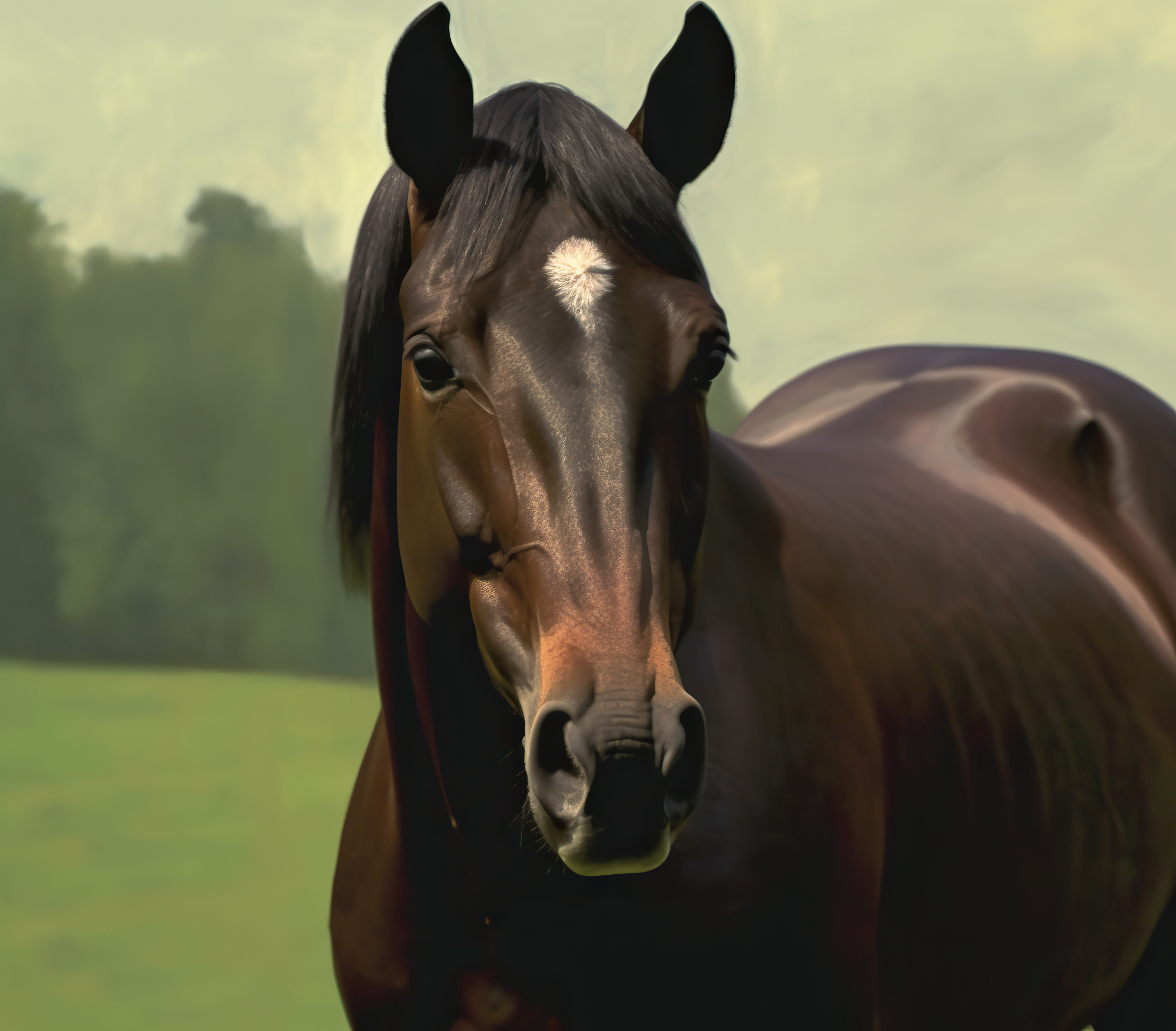dark brown horse standing on grassy field