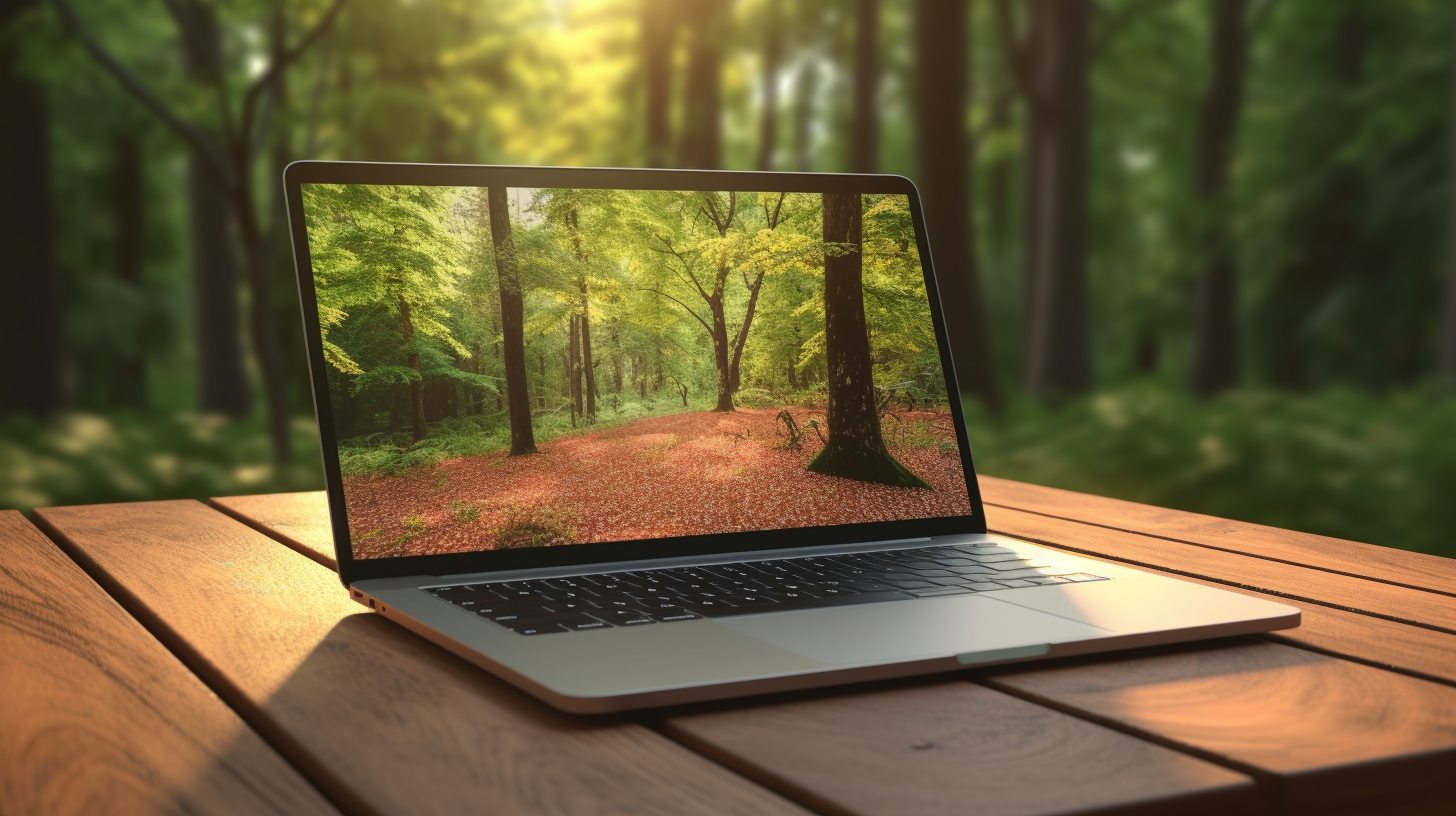 laptop outside on wooden table with forest background