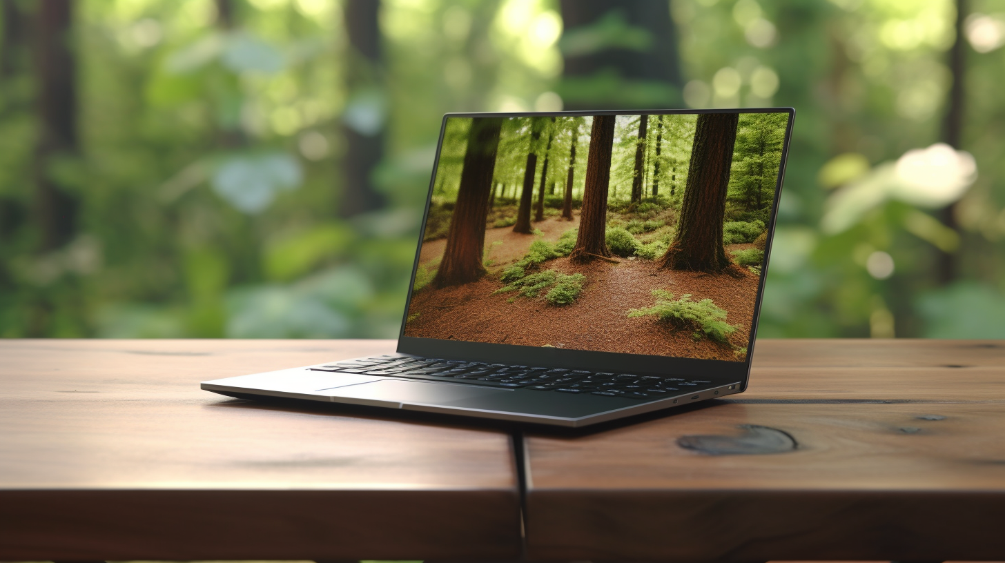 laptop outside on wooden table with forest background